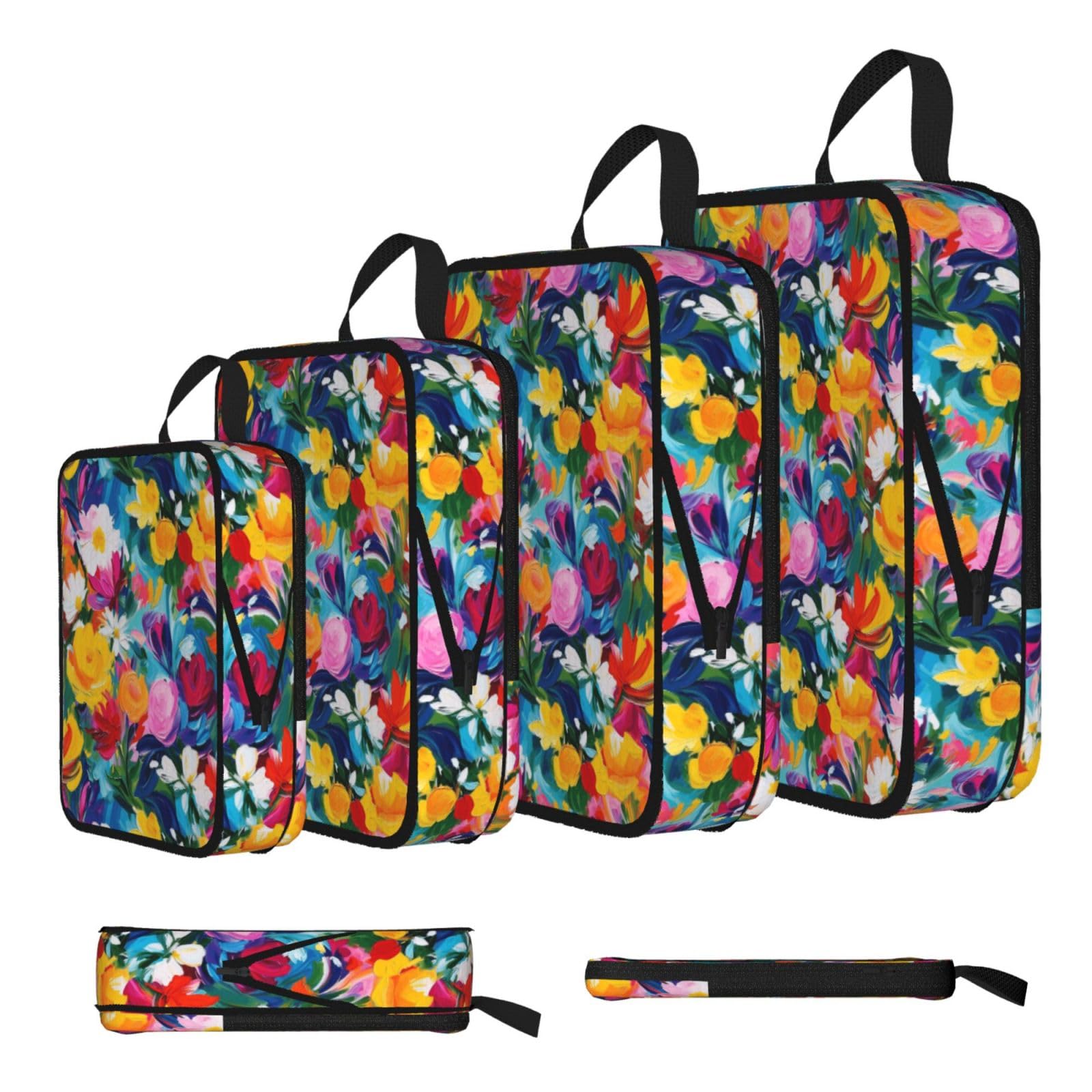 Impasto Flowers Print Packing Cubes for Travel Space Saver Bags, Compression Packing Cubes Set of 4, Expandable Luggage Organisers, Suitcase Organiser Bags