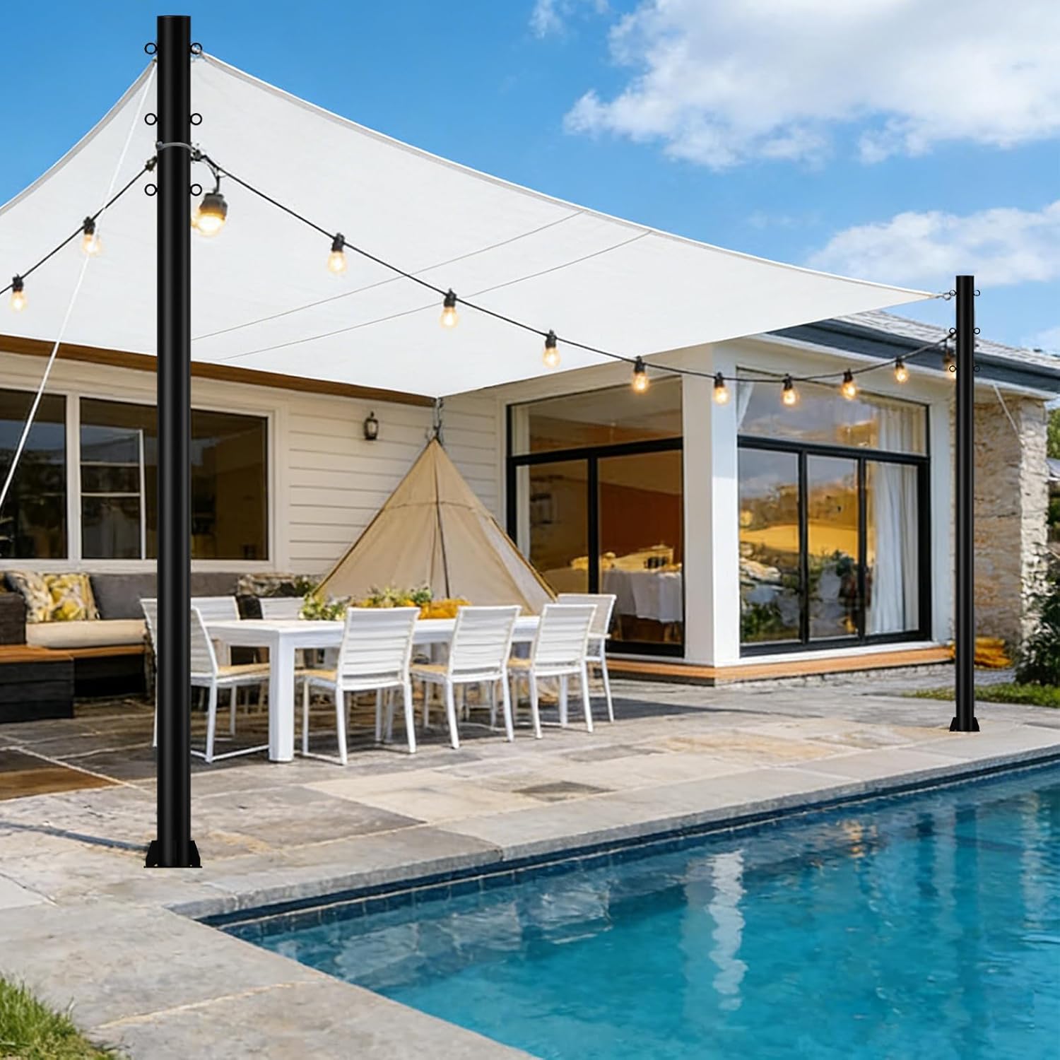 10Ft Shade Sail Poles, Heavy Duty Integrated One-Piece Steel Sun Shade Sail Post with 3-Level D-Clamps, Commercial Grade One-Piece Casting Shade Pole for Patio, Backyard, Deck, and Garden(1P)