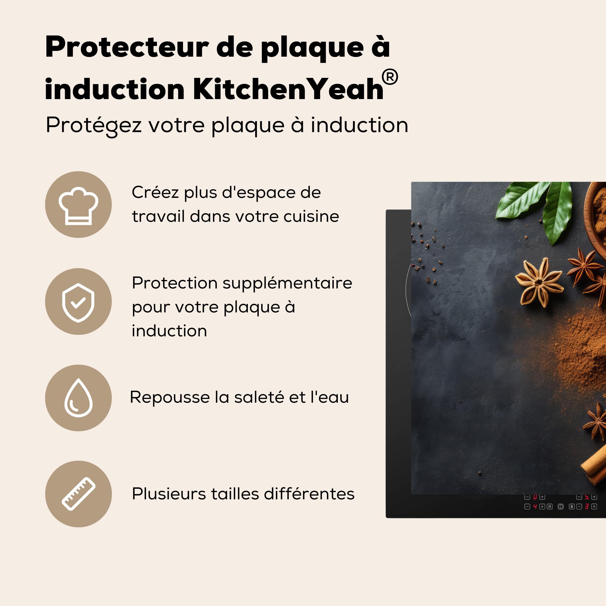 KitchenYeah© Protege Couvre Plaque De Cuisson Deco Cuisine Tapis Protection Protecteur Induction 59x52 cm Cannelle - Béton - Café - Bâtons de cannelle - Épices