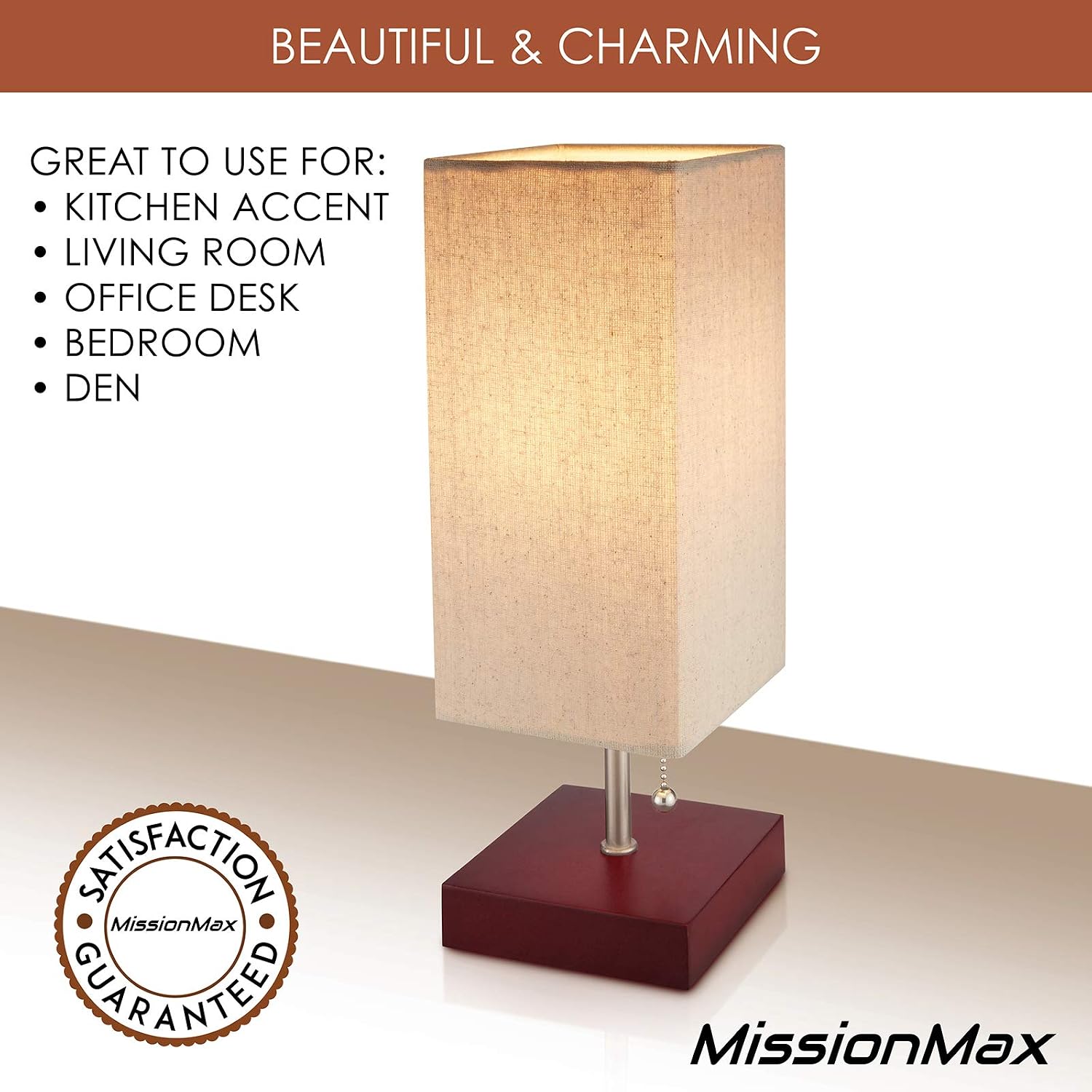 MissionMax Modern Brown Small Table Lamp w USB Quick Charging Port, Great for LED Bedside, Desk, Bedroom, and Nightstand Lamps or Other Table Lights
