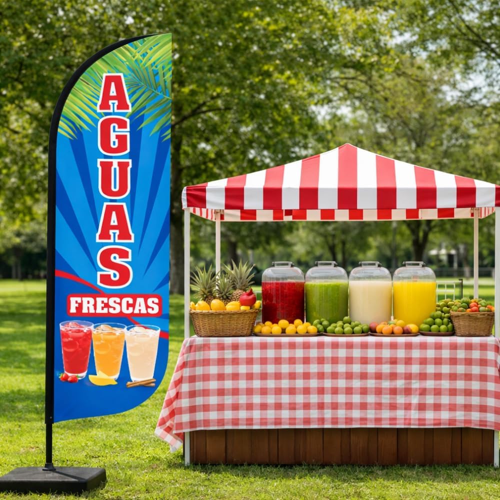Aguas Frescas King Flag with Pole Set |12 ftx3ft | Mexican Drink Sign With Complete Hybrid Pole Set | Outdoor Advertising Banner for Mexican Food Trucks, Vendors & Stands | Weather Resistant | Durable Signage|