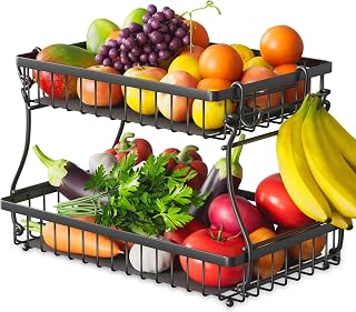 2 Tier Fruit Basket for Kitchen with 2 Banana Hangers, Detachable Metal Fruit Bowl for Kitchen Counter for Fruit and Vegetable Storage, Large Capacity Tiered Fruit Tray