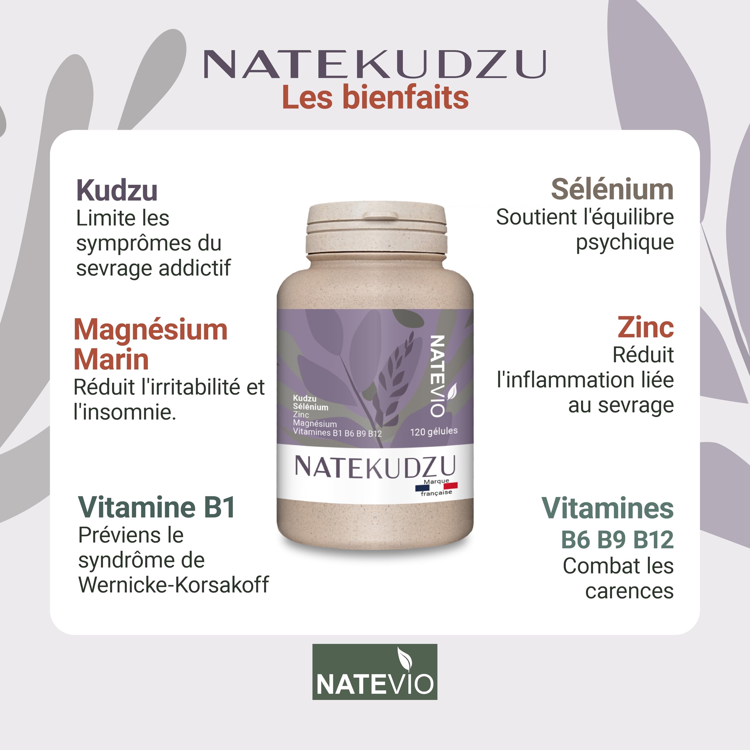 NATEKUDZU - 120 gélules - Complexe Renforcé 8 actifs (Kudzu - Zinc - Magnésium - Selenium - Vit B1 B6 B9 B12) Sevrage efficace - Complément alimentaire stress - Fabriqué en France
