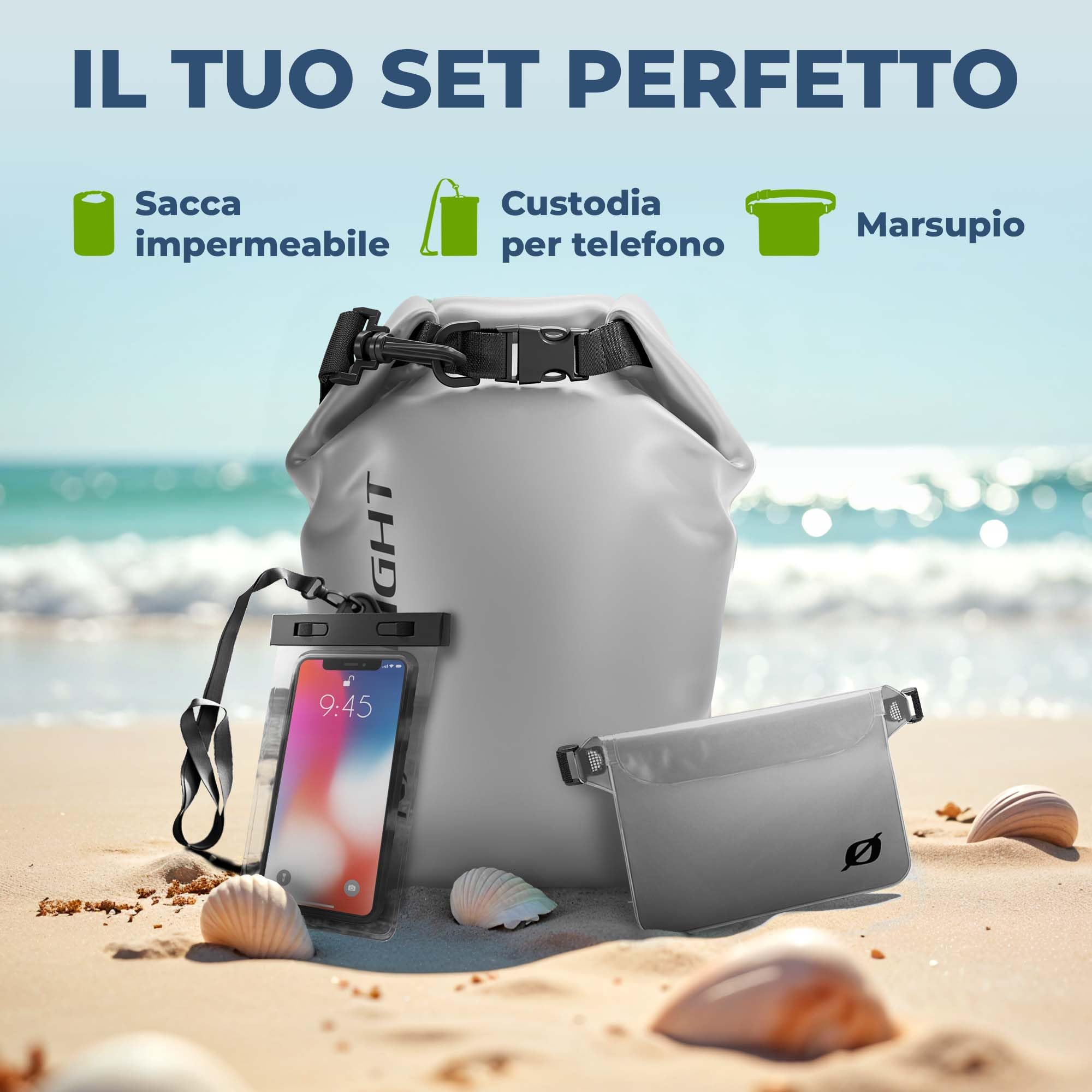 Nordlight Dry Bag Sacca Impermeabile - Zaino Impermeabile da 2l, 5l, 10l, 15, 20l, 30l, Sacca Stagna Borsa Impermeabile con Chiusura a Rotolo, Custodia Impermeabile per Cellulare e Marsupio