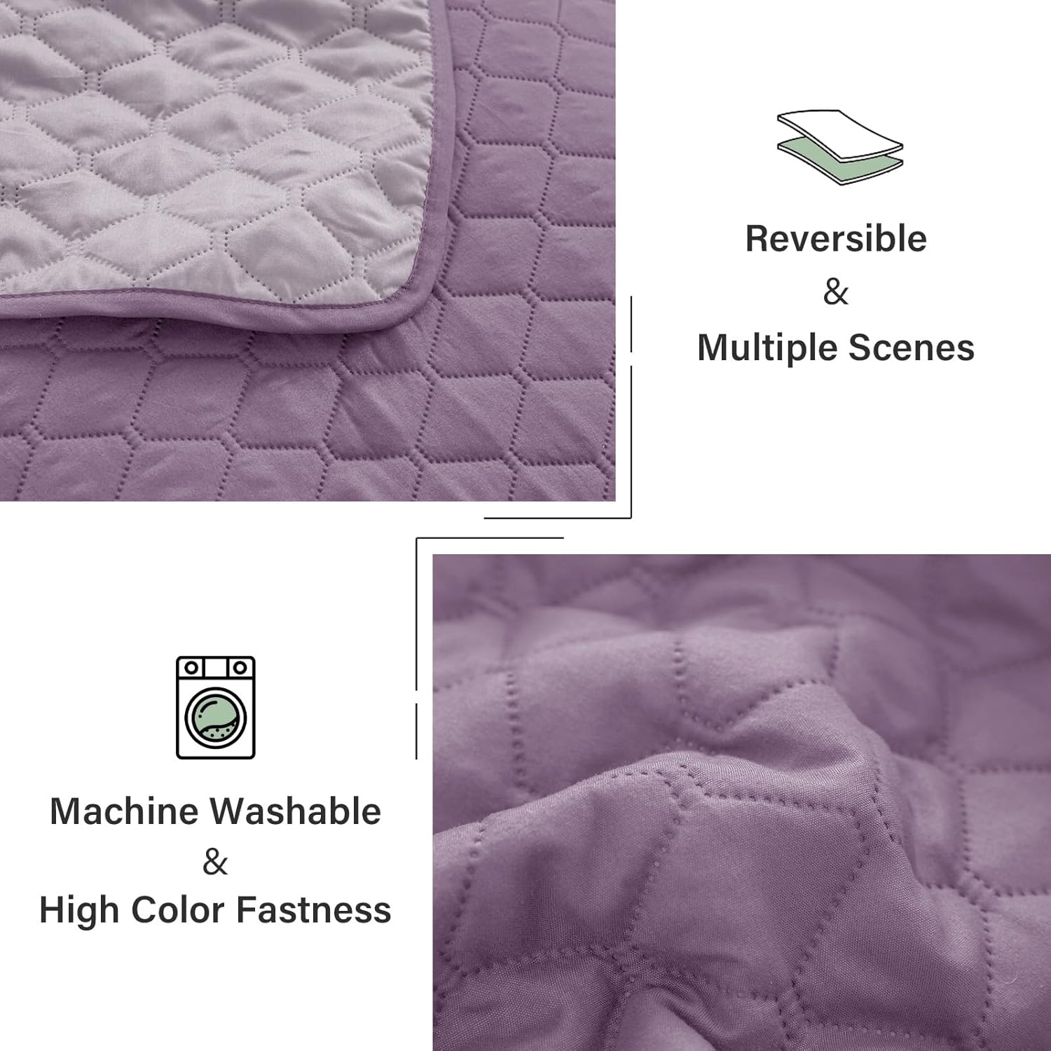 Exclusivo Mezcla Reversible Full Queen Quilt Bedding Set with Pillow Shams, Lightweight Quilts Queen Size, Soft Bedspreads Bed Coverlets for All Seasons - (Dusty Lavender, 90"x96") - Image 6
