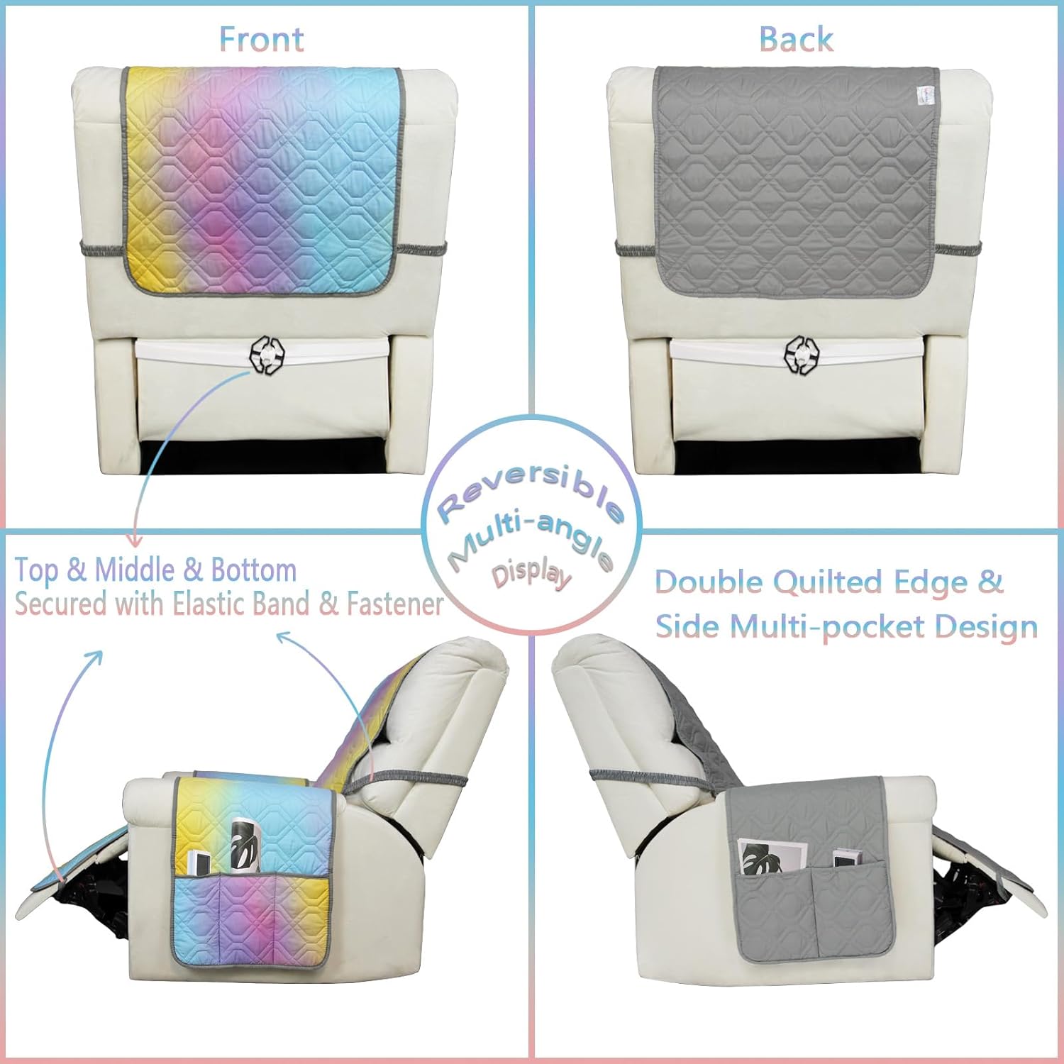 Waterproof Recliner Covers 23 Inch Reversible Sofa Covers Reusable Chair Covers for Living Room Small Couch Cover for Single Seat Furniture Protector Geometric Patchwork Rainbow Ombre+Gray