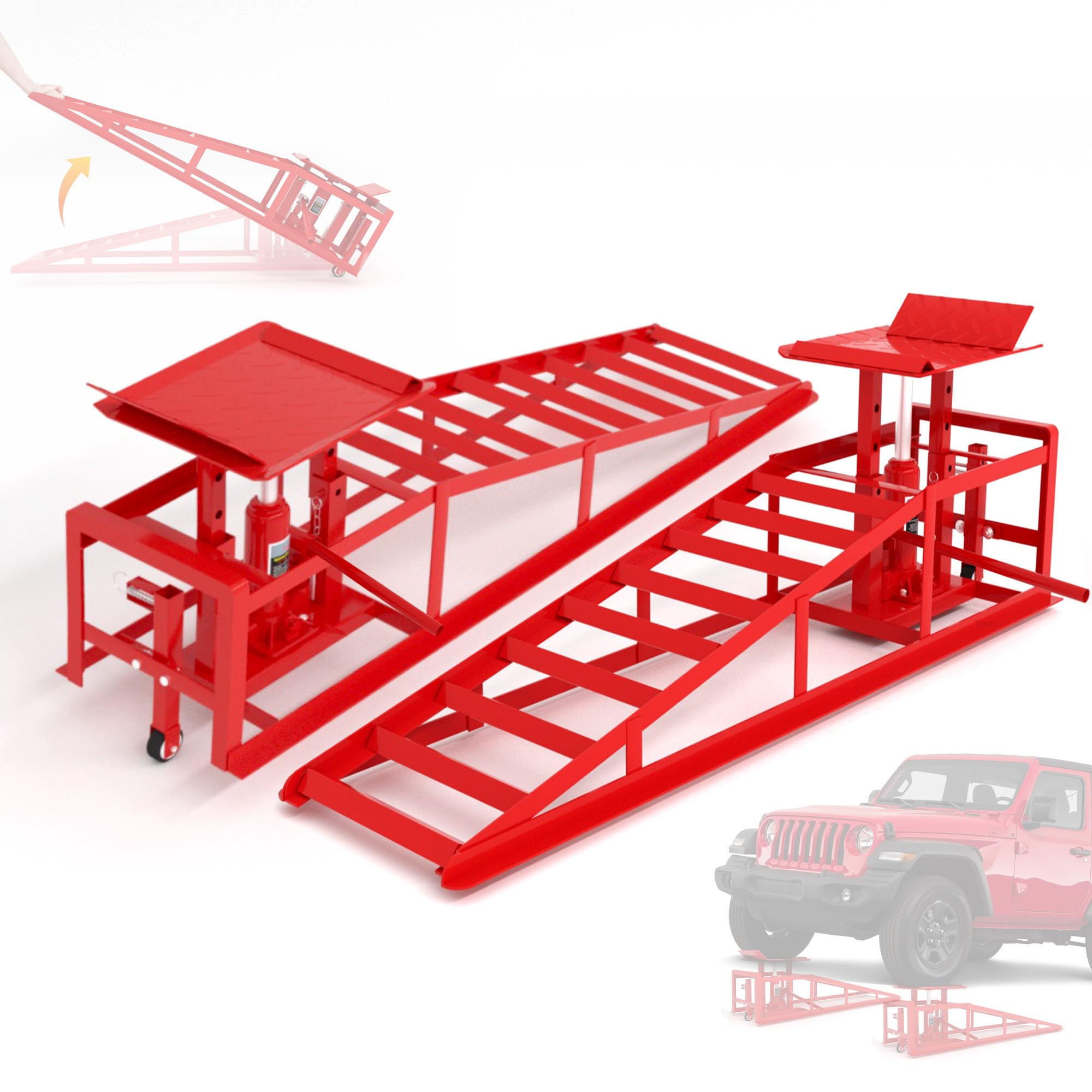 2 PCS Hydraulic Car Ramps with Wheels, 11065LBS 5T Heavy Duty Car Ramp with Hydraulic Jack, Portable Car Lifts for Oil Changes for Home Garage, 9"-14.2" Lifts, Red