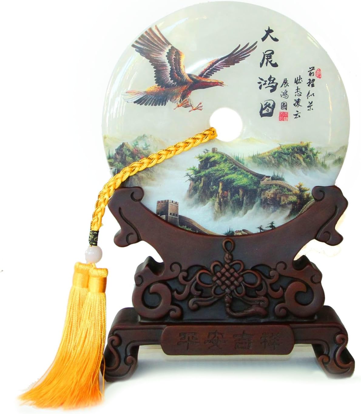Feng Shui Import Genuine Jade Display Plate with Peng Bird Picture and Stand