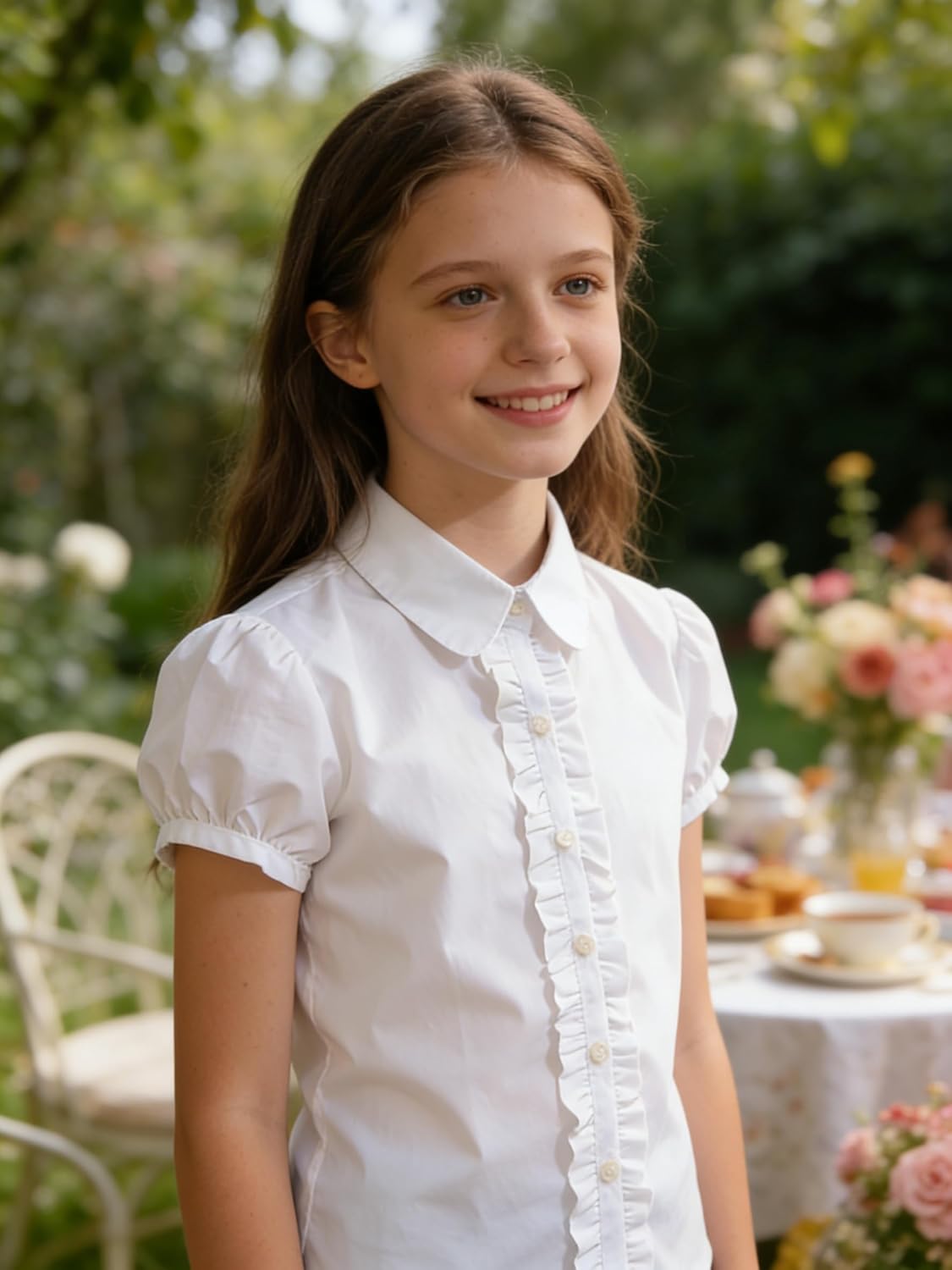 Bienzoe Girls Shirt Short Sleeve: White Button Up Kids School Uniform Cotton Oxford Collar Ruffle Dress Blouse - Image 5