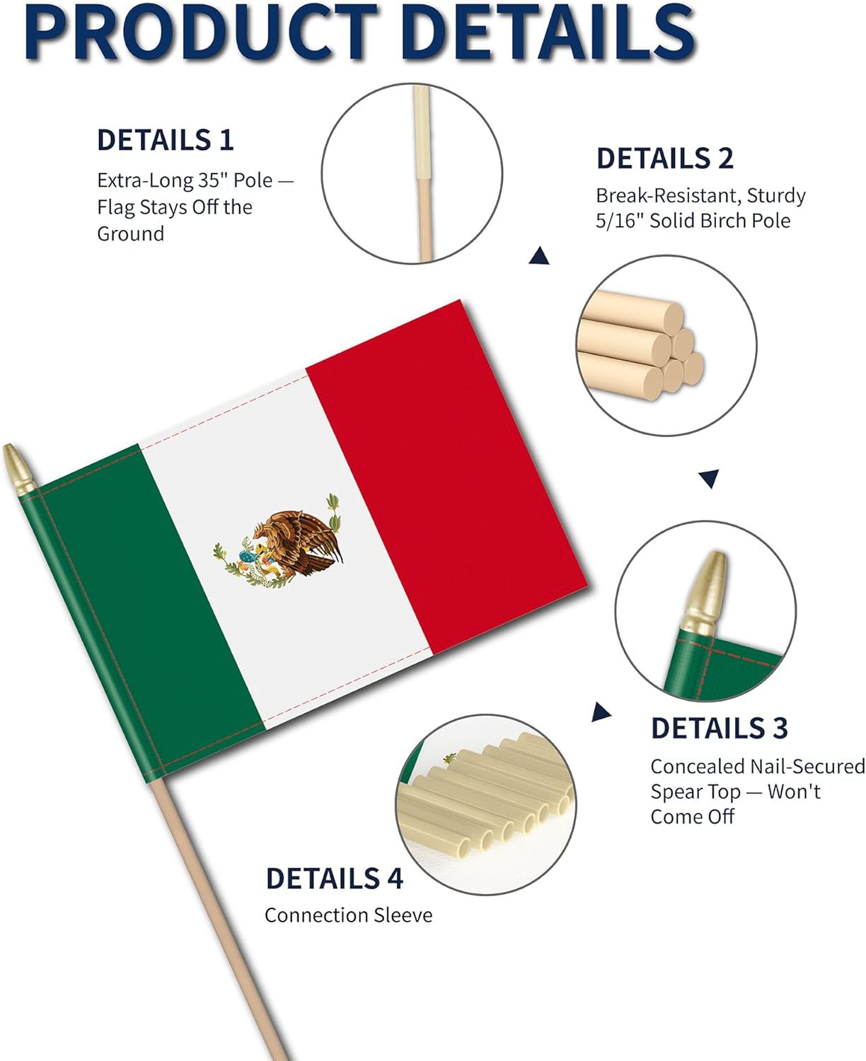 Heavy Duty 12 Pack 12x18 Inch Large Mexican Flags on Stick 35” Tall Mexico Stick Flags Durable Break-Resistant 5/16” Birch Pole 300D Oxford Fabric 16 de Septiembre Día de la Revolución Yard & Festival Decorations
