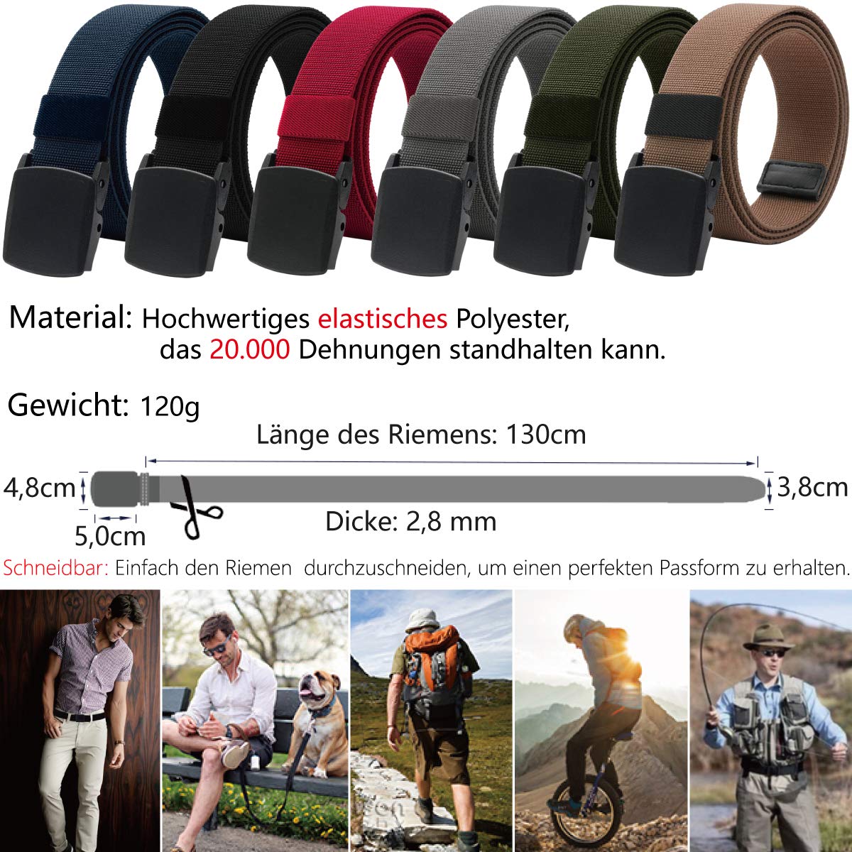 LionVII Męski elastyczny pasek Tactical Military z klamrą z tworzywa sztucznego 130 cm, pasuje do obwodu talii 75-125cm(28-49")