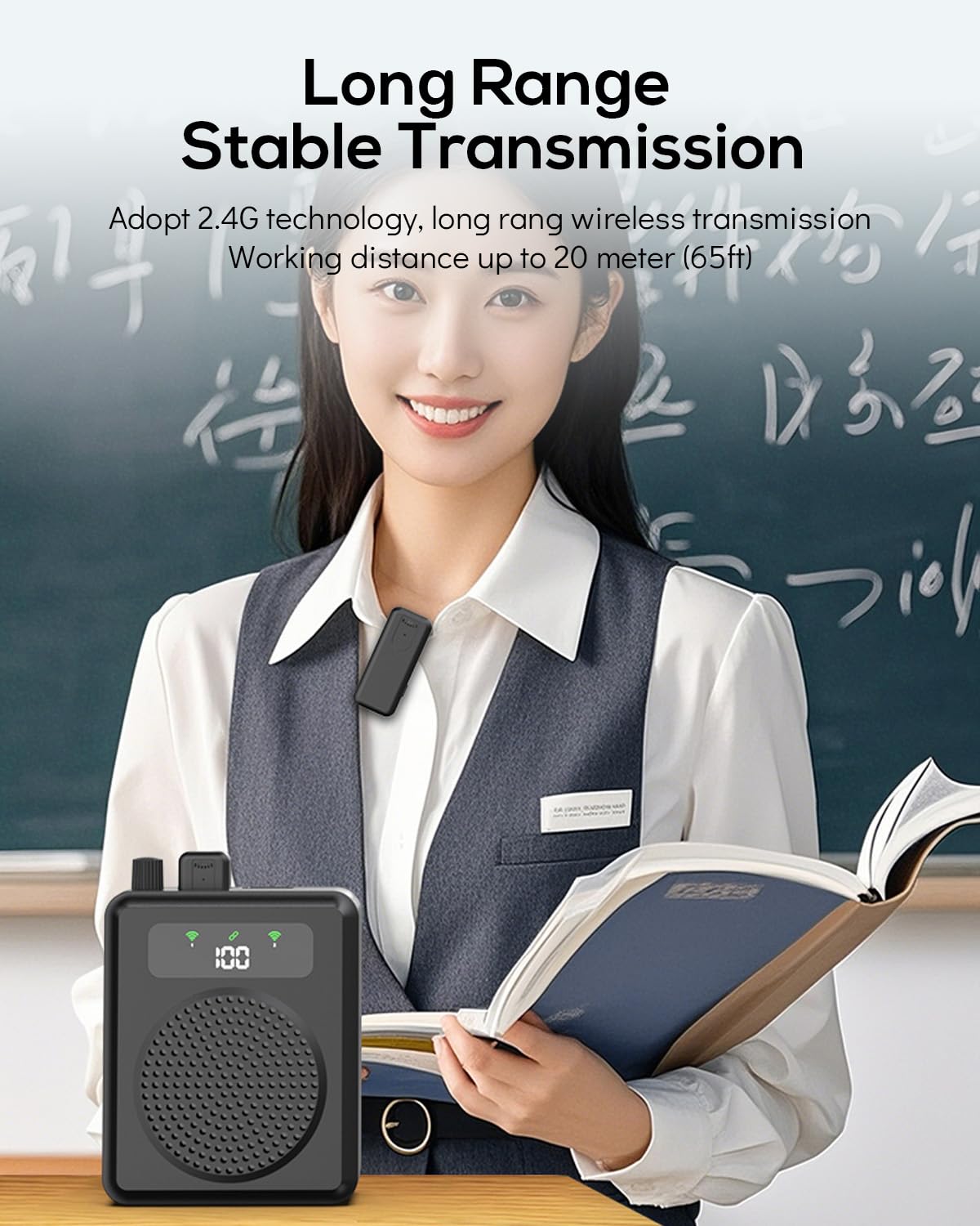 Amplificatore vocale portatile con microfono lavalier, clip on microfono con altoparlante, amplificatore vocale wireless con microfonos per insegnanti in classe, riunioni e all'aperto (Nero)