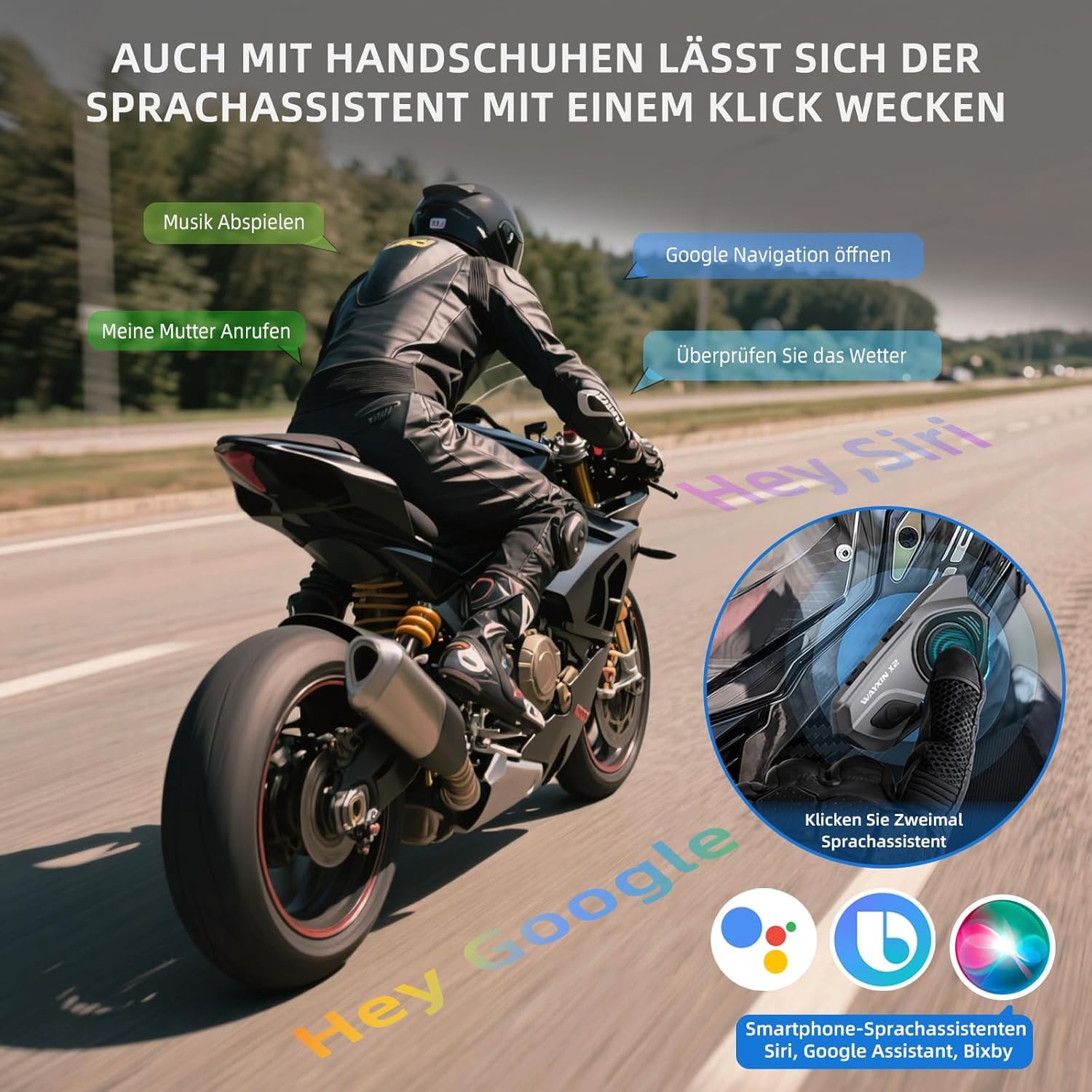 X2 Motorrad Intercom,Helm Headset, Motorrad Bluetooth Headset für bis zu 4 Motorräder, Headset motorradhelm mit HiFi/Musik Teilen/AI Sprachassistent /IP67 Wasserdicht (1pc)