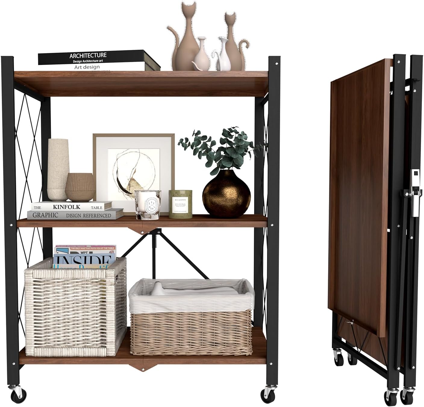 3 Tier Foldable Metal Storage Shelf with Wheels, 300LBS Heavy Duty Rolling Shelving Unit, Collapsible Mobile Organizer Shelves for Kitchen Pantry Office, 27.9"x13.3"x35.4", Black