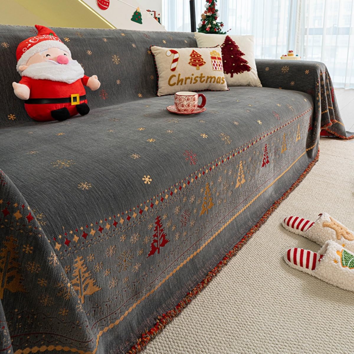 Funda de Sofa Navideñas para 1 2 3 4 Plazas, Manta de Sofá de Chenilla con árbol de Navidad y Copos de Nieve, Manta Cubrecama Protector Cubre Sofa Four Seasons (Gris,180x180cm)