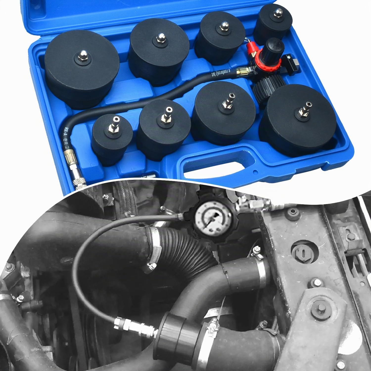 Testeur de turbocompresseur, facile à utiliser, 4 paires d'adaptateurs pour système de refroidissement pour tuyaux de 3,5 à 9,5 cm