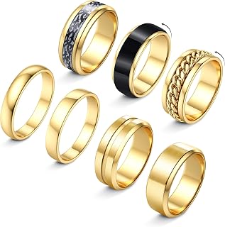 sailimue 7Pcs Stainless Steel Rings for Men Women 14K Gold Plated Fidget Rings Set Cool Spinner Chain Ring Anxiety Relief Simple Men's Engagement Promise Wedding Band Size 7-13