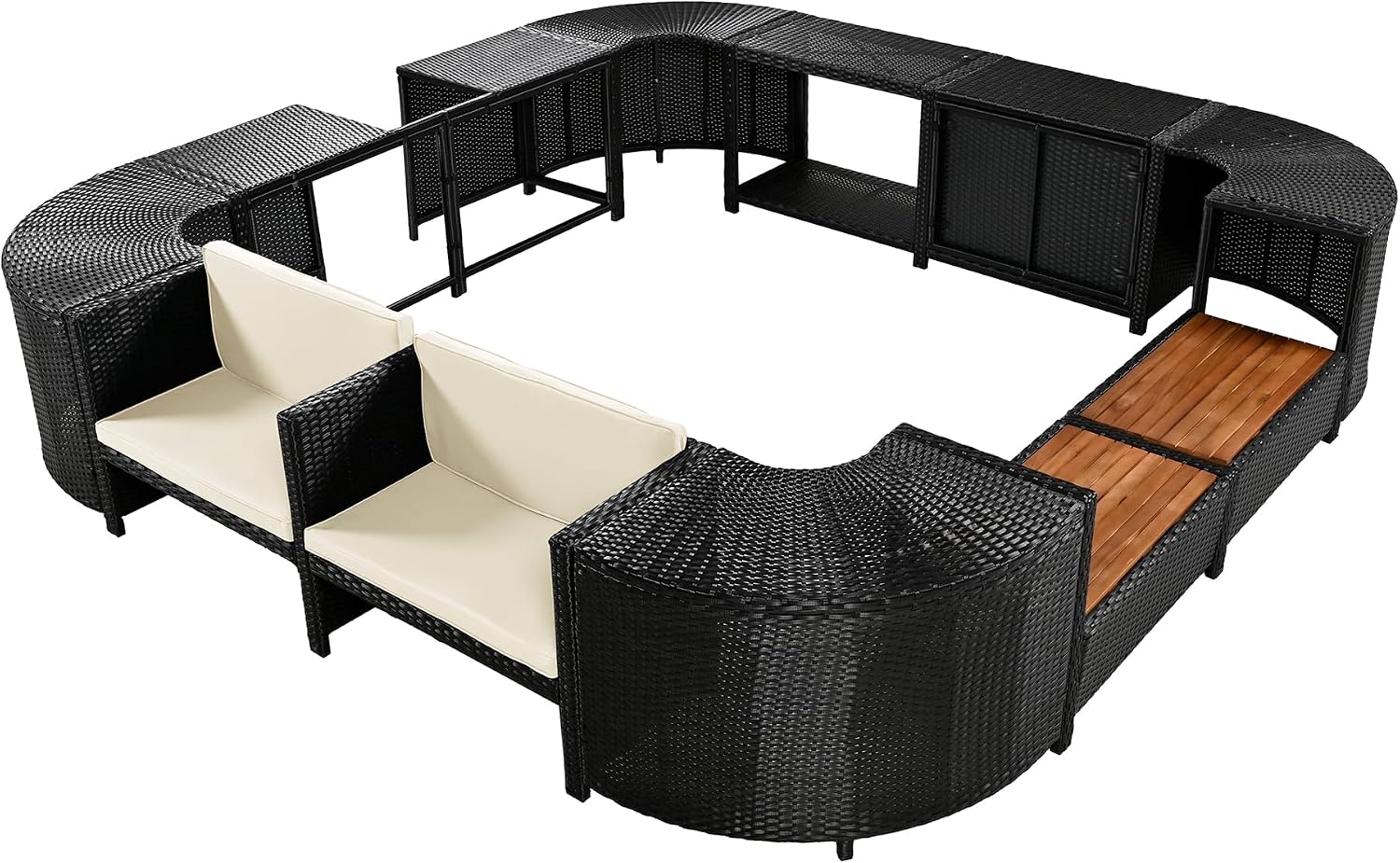 P PURLOVE Spa Surround Spa Frame Patio Sofa Set with Storage Spaces,Indoor/Outdoor Patio Rattan Furniture Set with Wooden Seats for Free Combination