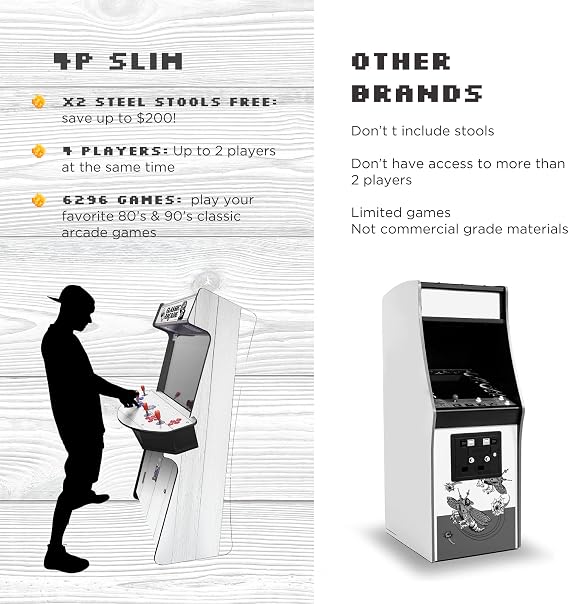 Creative Arcades Full-Size Commercial Grade Cabinet Arcade Machines | Stools Included | Slim Woodgrain Edition | 32 Screen (6296 Games (4-Player), White Woodgrain)