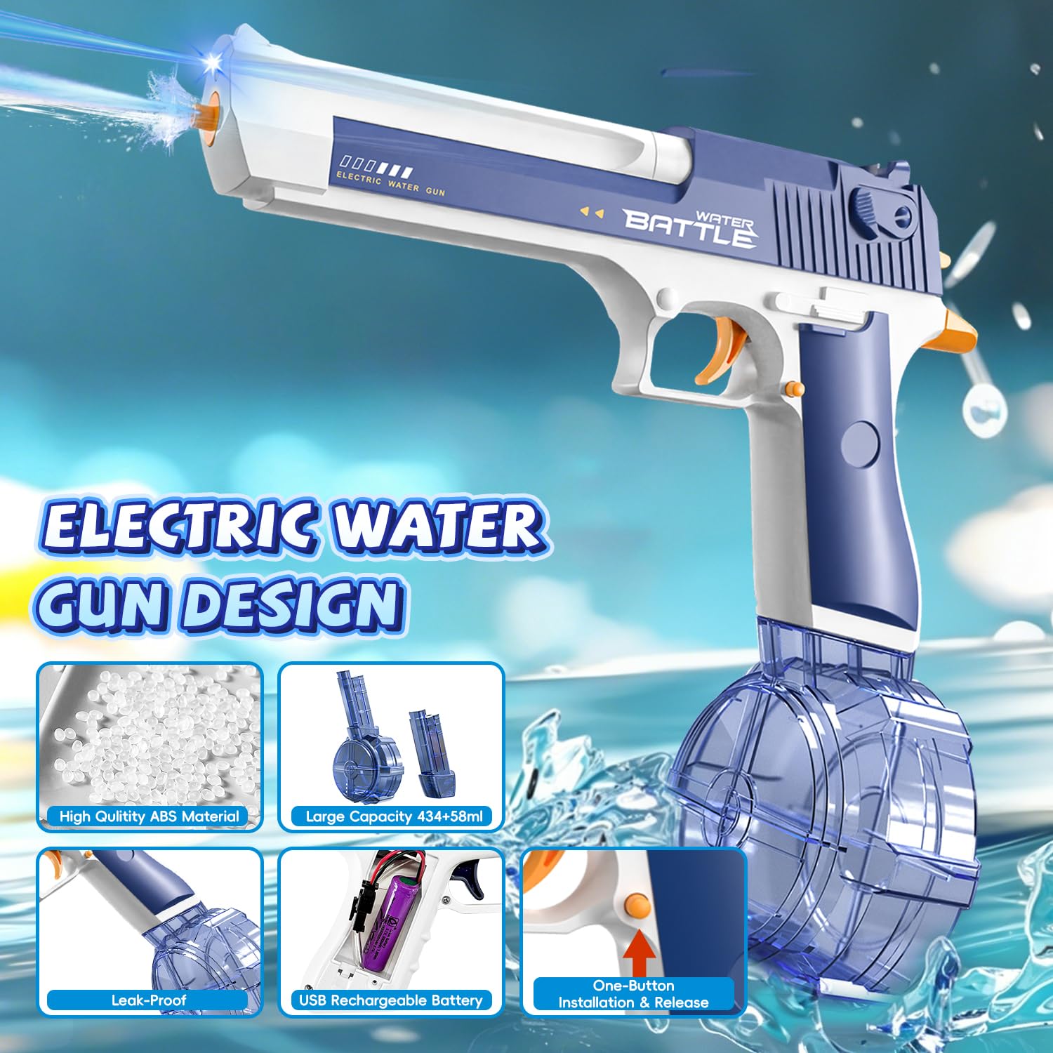 Pistolet à Eau Électrique 2 Pack, Pistolet à Eau Rechargeable avec LED, Capacité 434+58ml, Pistolet à Eau Puissant Automatique, Portée de 8-10M, Jouet d'Été pour Enfants et Adultes, Piscine, Plage