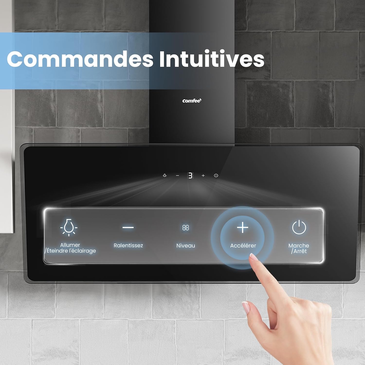 Close-up of the touch control panel on the range hood, showing icons for light, speed adjustment, and power.