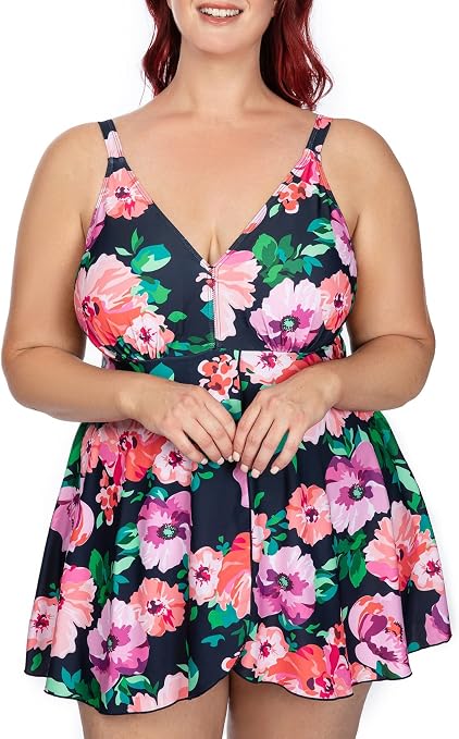 PERONA Women's Plus Size Floral Print Swimdress One Piece - Skirted Bathing Suit