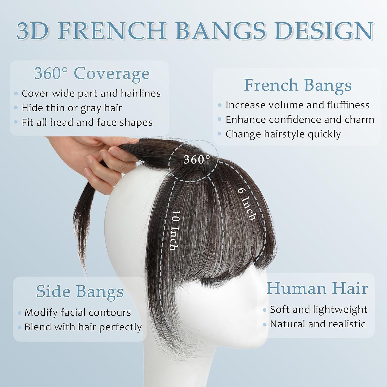 Beelu Clip in Bangs Real Human Hair 360° Cover French Bangs Brown Black Bangs Hair Clip 3D Fake Bangs with Fringe Hairpieces for Women Daily Wear