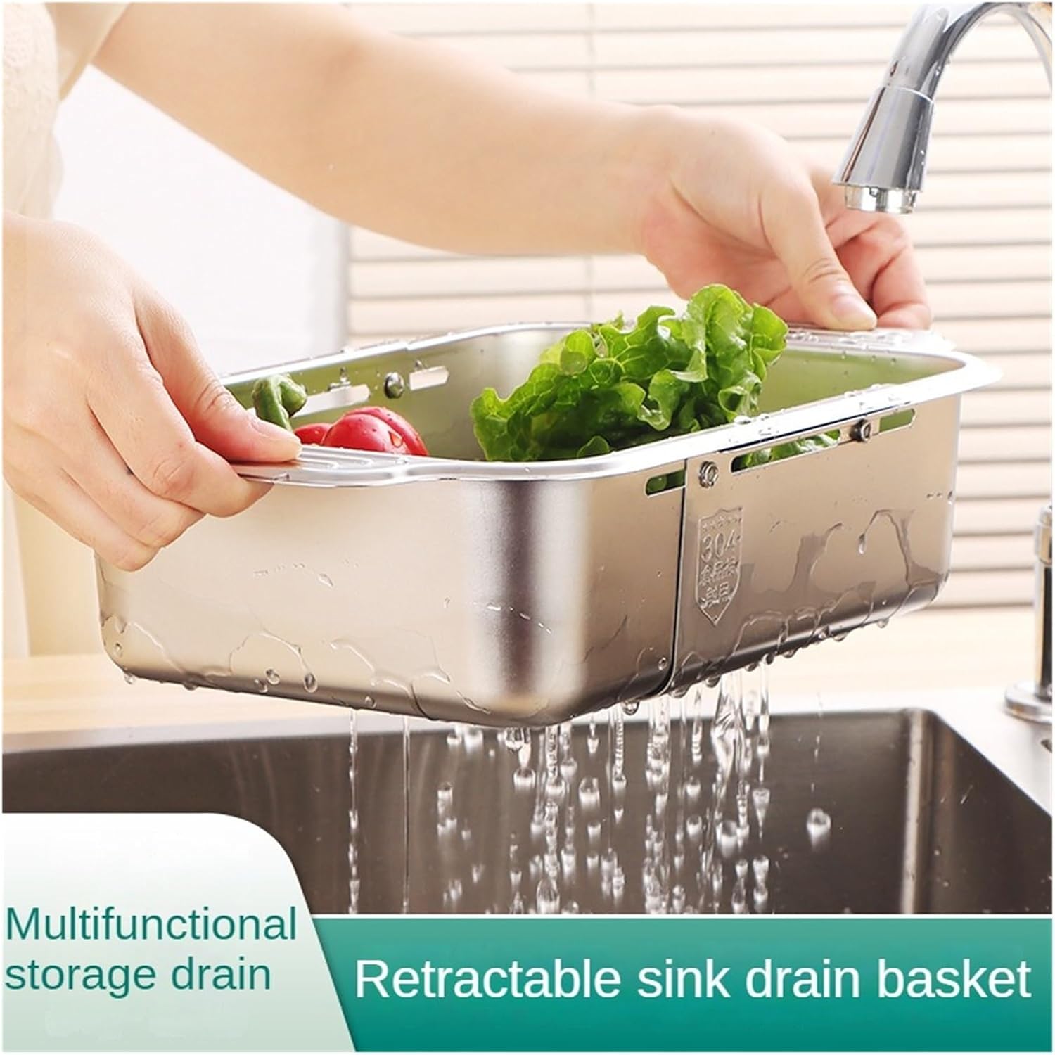 304 Stainless Steel Telescopic Drainage Basket Kitchen Sink Vegetable Basin Drainage Rack Household Utensils Sink Storage Rack(Telescopic M)