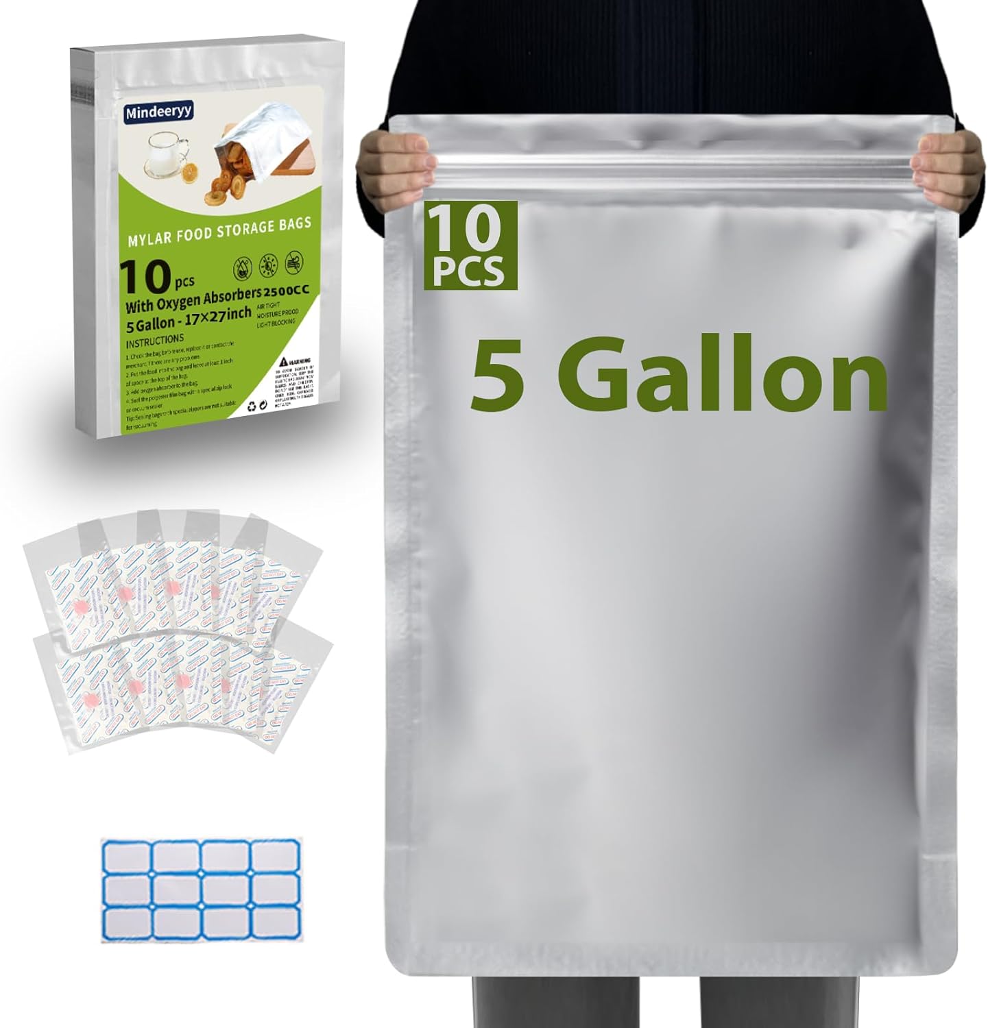 10pcs 5 Gallon Mylar Bags for Food Storage with Oxygen Absorbers 2500cc and Labels