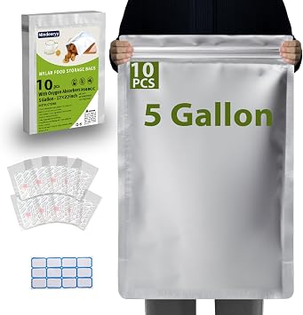 10pcs 5 Gallon Mylar Bags for Food Storage with Oxygen Absorbers and Labels | 17x27 Inch Zipper Pouches Resealable Extra Thick 10 Mil for Long Term Food Container Sets,Heat Sealable