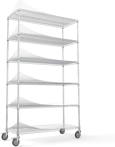 NSF - Estantería de alambre de 6 niveles y 6000 libras, estante de almacenamiento ajustable resistente con ruedas de 5 pulgadas y revestimientos