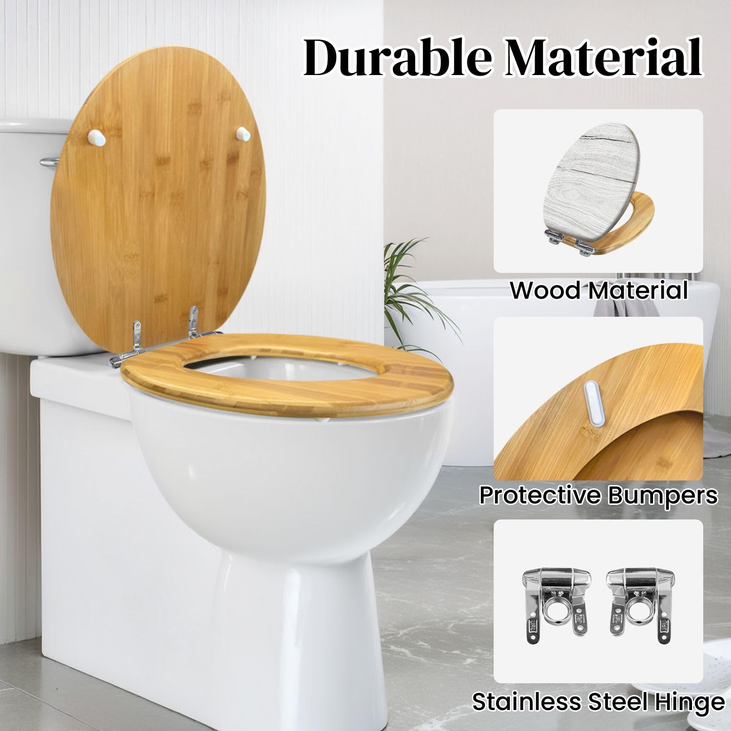 Asiento De Inodoro Alargado De Madera para Baño, Superficie De Madera Blanda con Acabado Blanqueado, Tapa De Cierre Suave Y Silencioso, Bisagras De Liberación Rápida, con Topes, Fácil De Lim