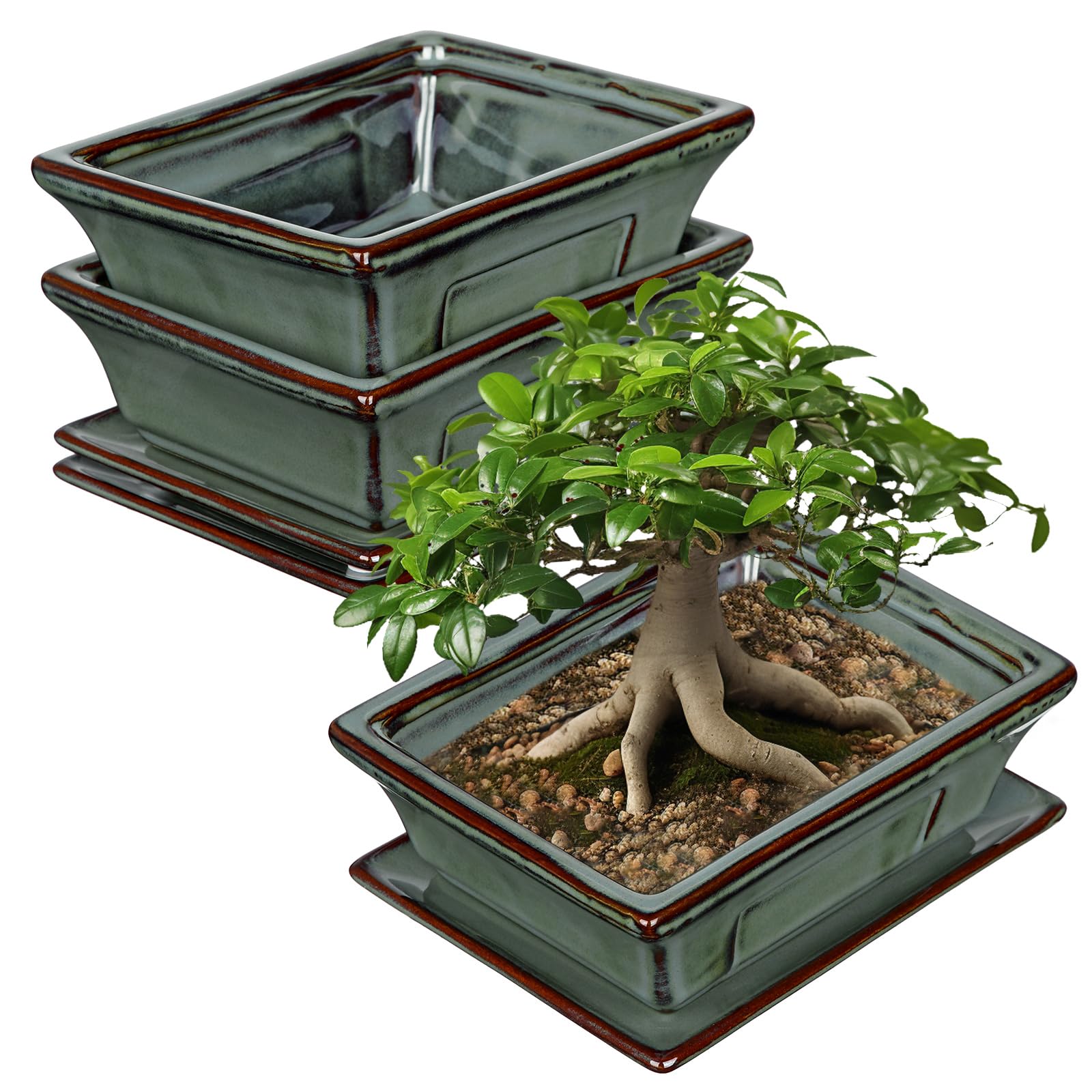 Oairse Set of 2 Bonsai Pots Shallow Succulent Planters for Live Bonsai Trees, 16cm Ceramic Plant Pot for Succulents Indoor with Drainage Hole, Outdoor Cactus Plant, Dark Green Ceramic Flower Pot — image 1