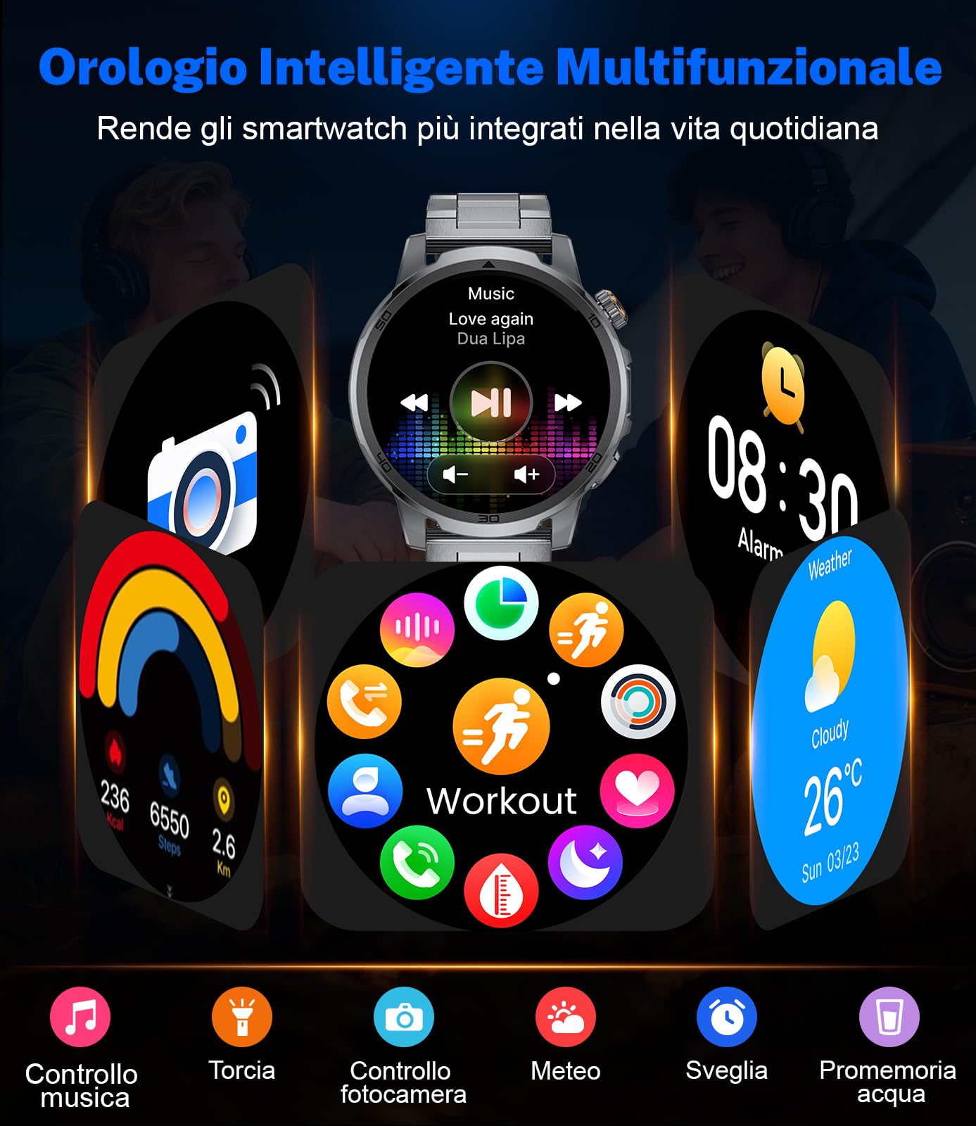 Smartwatch Uomo Militare, 1000 mAh, Touchscreen HD 1,85", Luce LED, Funzione Telefono, Monitoraggio Cardiaco/Sonno, IP68, 110+ Modalità Sportive, Compatibile iOS/Android