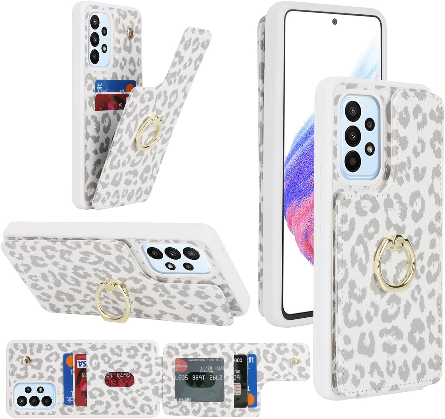 Lipvina for Samsung Galaxy A53 5G Case with Card Holder,Galaxy A53 5G Case Wallet for Women,Credit Card Holder,Ring Stand,Cute Phone Wallet Cases 6.5"(White Leopard)