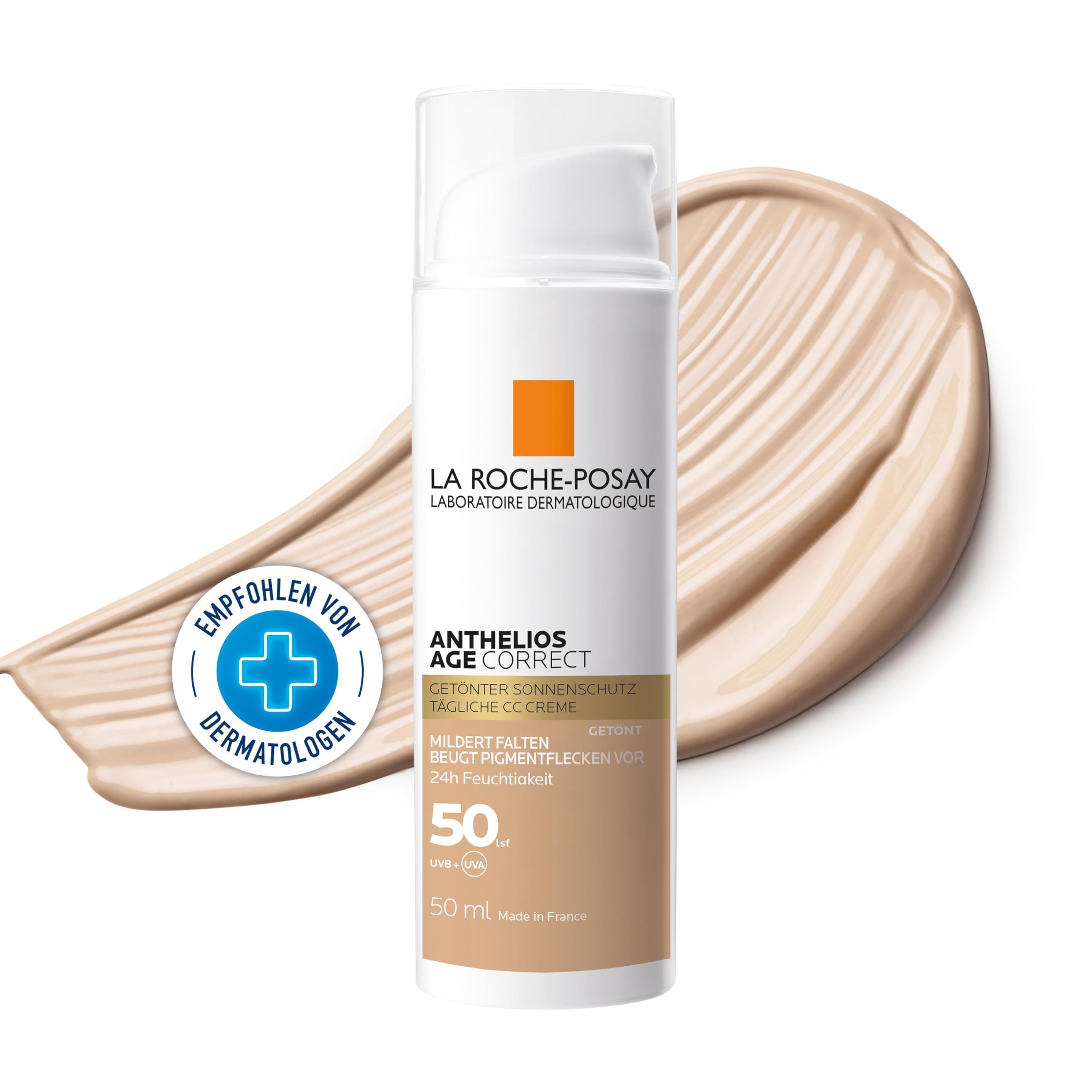 La Roche Posay Anthelios Age Correct LSF 50 CC Cream, Getönte Sonnencreme, Täglicher Sonnenschutz und Anti-Aging-Pflege in einem, Gegen lichtbedingte Hautalterung, Gesichtscreme für reife Haut, 50 ml