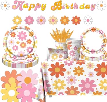 142Pcs Colorful Daisy Birthday Party Decorations Flower Paper Plates and Napkins Sets with Cups Forks Tablecloth and Banner Groovy Retro Hippie Boho Party Decorations Daisy Party Supplies