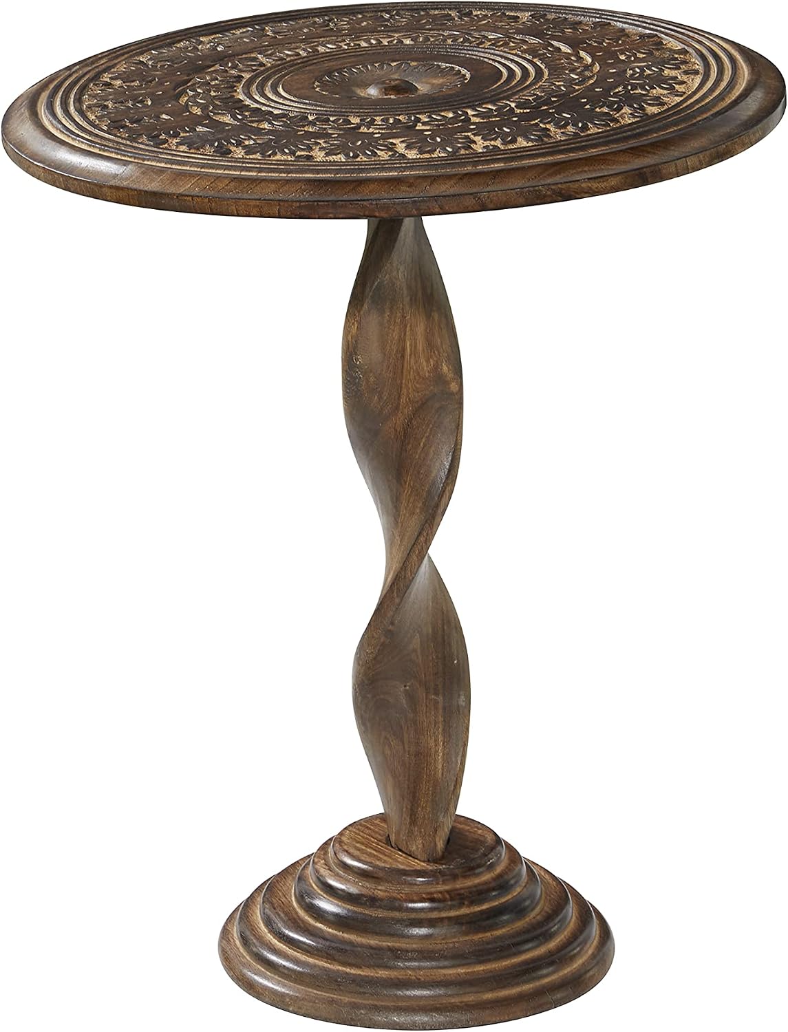 Deco 79 Mango Wood Floral Handmade Intricately Carved Accent Table with Spiral Leg and Elevated Base, 18" x 18" x 22", Brown
