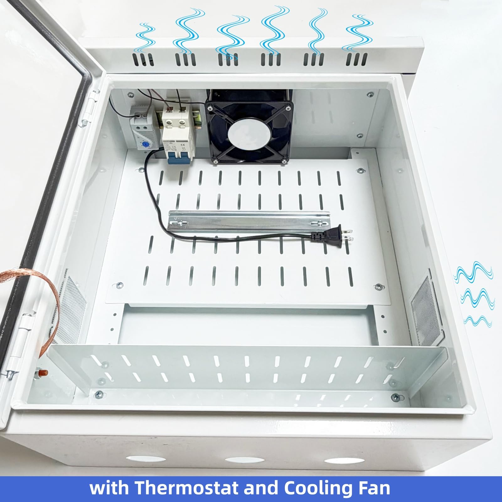 Caja eléctrica para exteriores con termostato y ventilador de refrigeración, 50,8 x 40,6 x 20,3 cm, diseño de ventilación, caja eléctrica IP65, impermeable, gabinete eléctrico de calle con piezas de