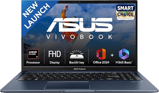 ASUS Vivobook 15, Smartchoice, AMD Ryzen 7 5825U, 16GB RAM, 512GB SSD, FHD 15.6", Windows 11, Office Home 2024, Quiet Blu...