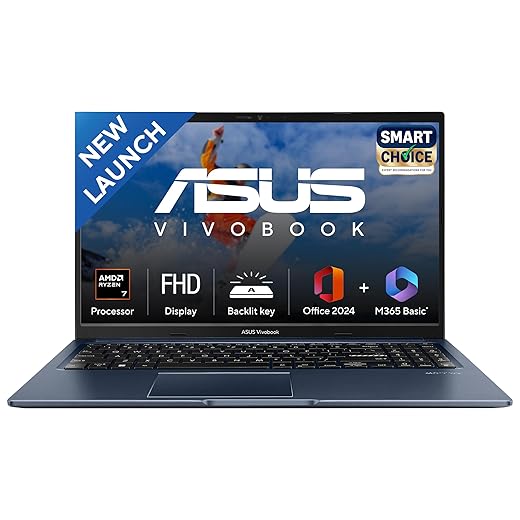 ASUS Vivobook 15, AMD Ryzen 7 5825U (AMD Radeon iGPU/16GB RAM/512GB SSD/FHD/15.6"/60Hz/Backlit Keyboard/42Whr/Windows 11/M365 Basic (1Year)*/Office Home 2024/Quiet Blue/1.7 Kg) M1502YA-BQ703WS