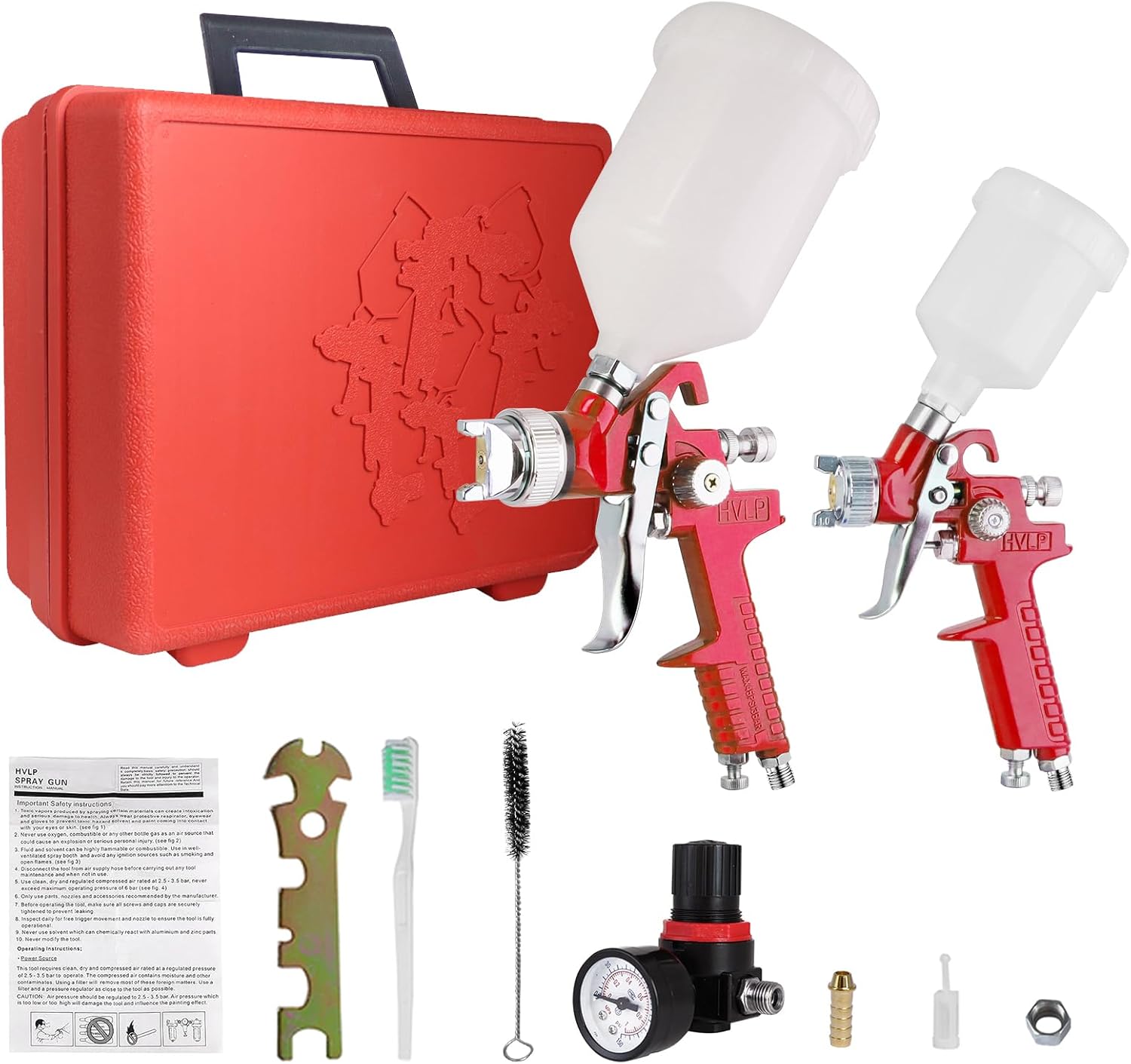 HVLP Air Gravity Spray Gun Set, 2 Pcs Sprayer Paint Gun Kit, 0.8mm 125ml & 1.4mm 600ml Automotive Paint Gun with Locking Air Pressure Regulator Gauge for Furniture, Car, Fence,Model Making (Red)
