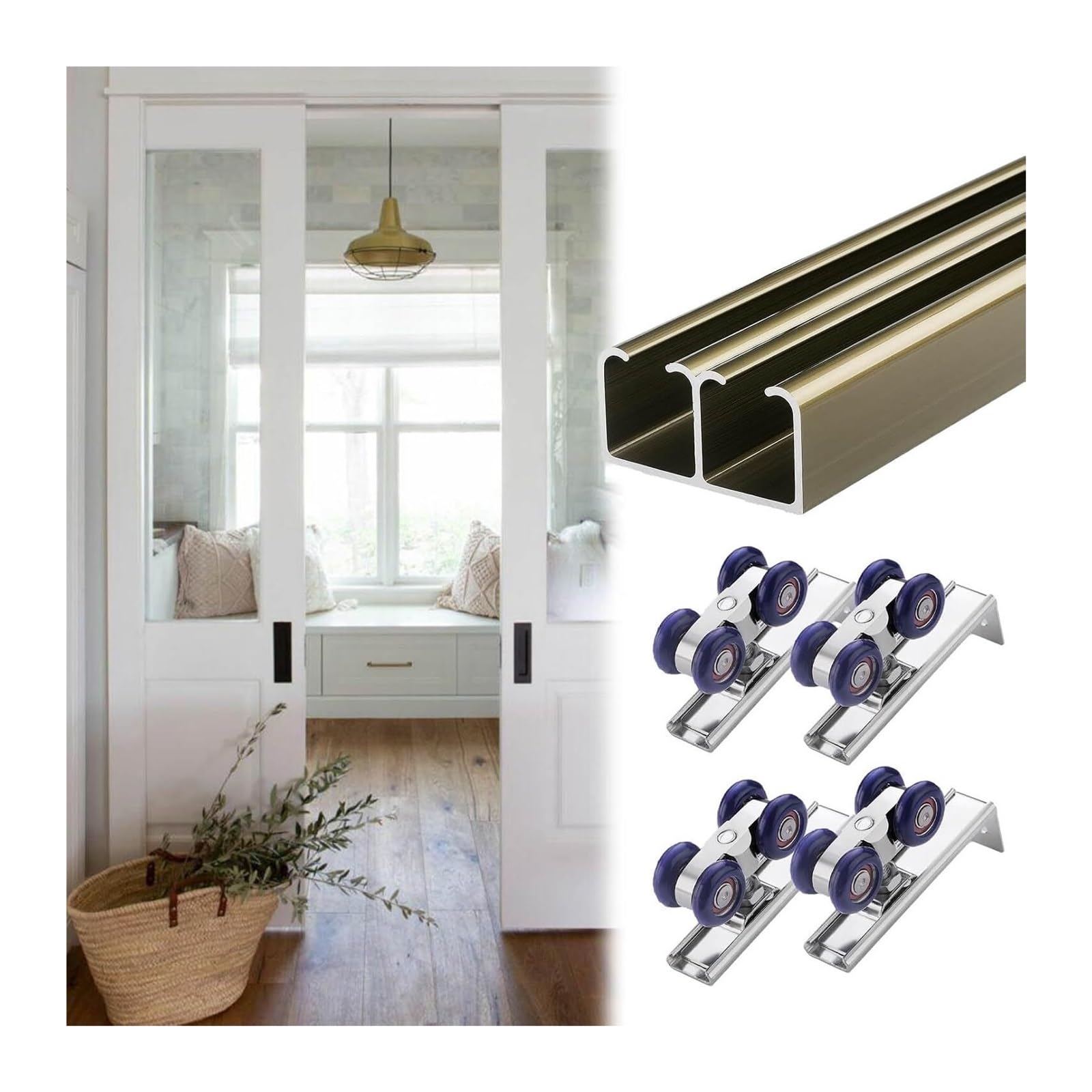 Sliding Door Track, Bypass Barn Door Hardware Kit 4-30ft Champagne Silver(Champagne,7ft/2.1m)