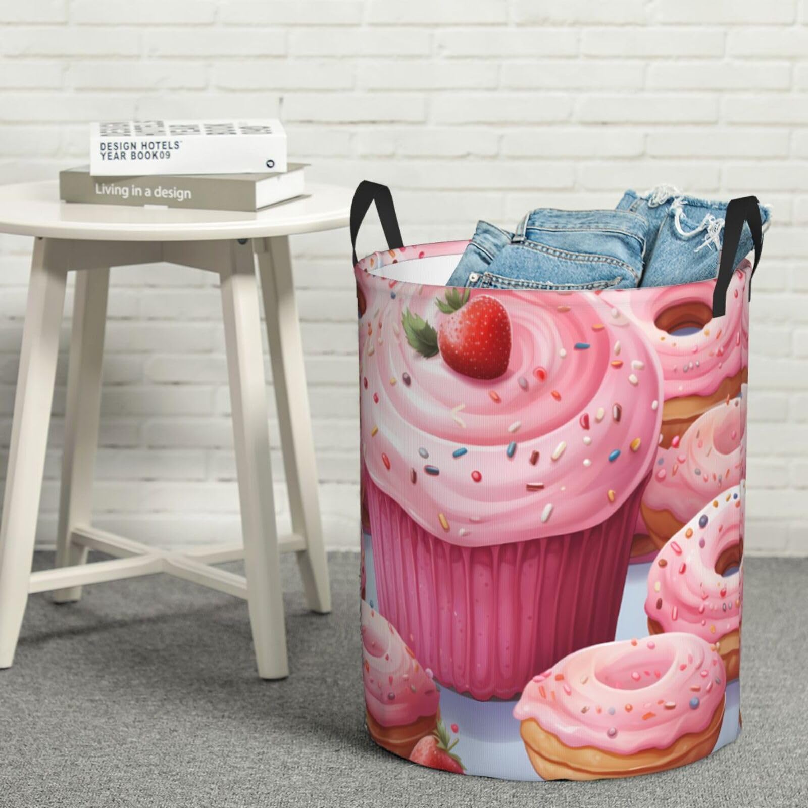 Fodpand Black Cupcake Laundry Basket With Handle, Freestanding Laundry Hamper, Collapsible Dirty Clothes Hamper, Waterproof Fabric Blanket Storage Basket Tall Toy Storage Bin Room Decor Medium