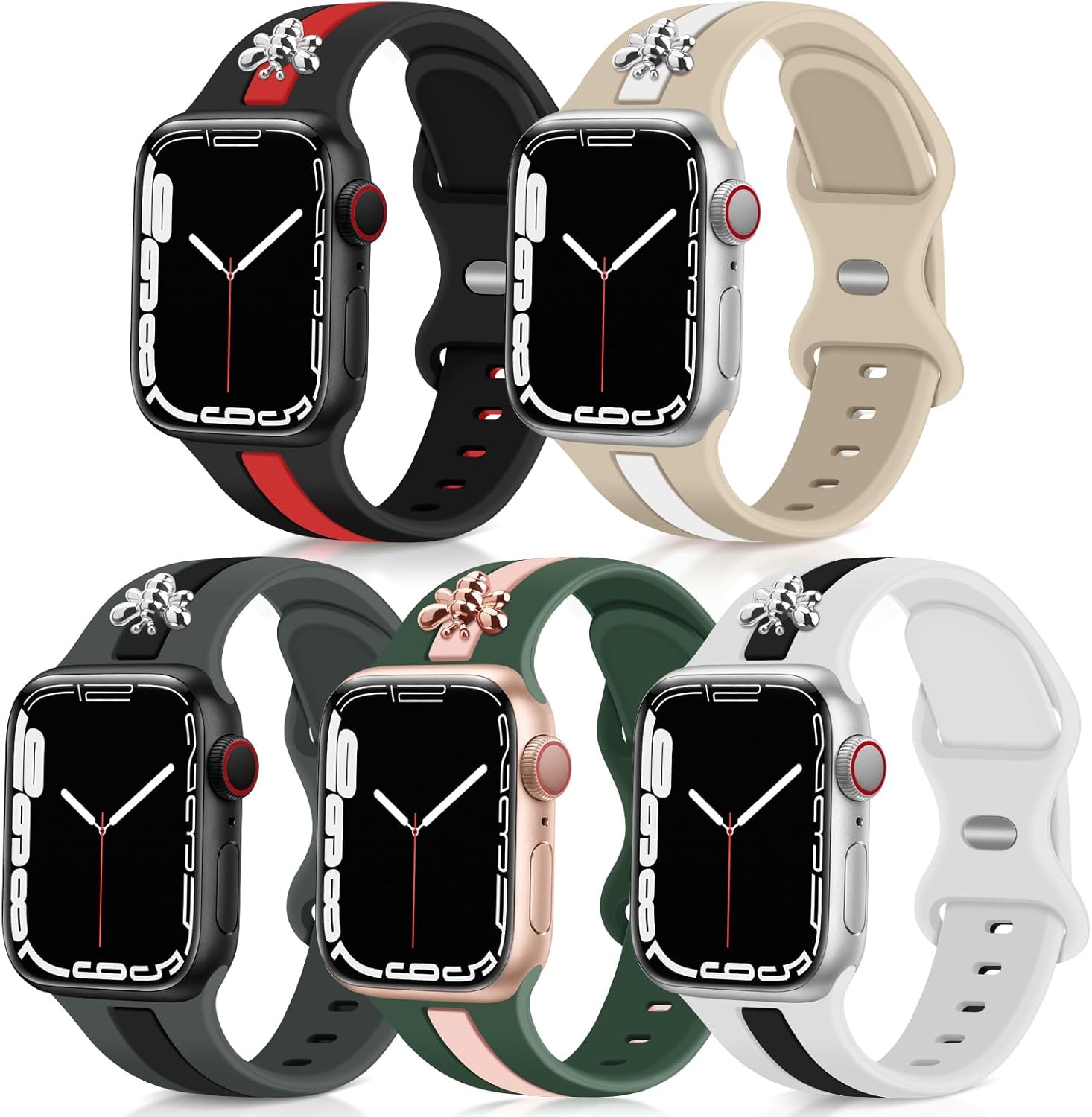 5 Pack Designer Sport Bands Compatible with Apple Watch Band 38mm 40mm 42mm 44mm 45mm 46mm 49mm Women,Bee Decoration Silicone Band for iWatch Series 10 9 8 7 6 5 4 3 2 1 Ultra SE