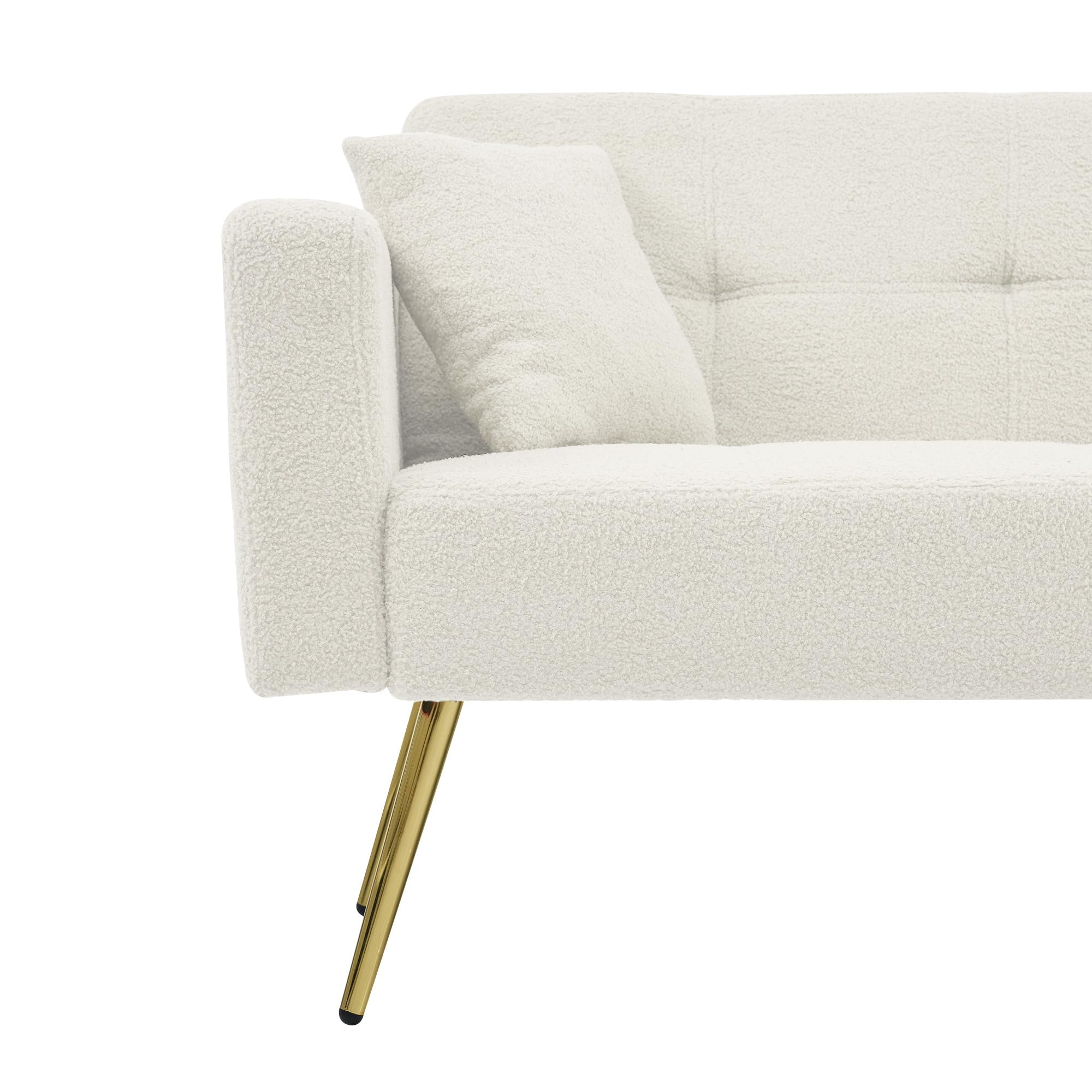 Divano letto con funzione letto, divano a 2 posti, angolo regolabile, gambe dorate, con cuscino e tasche laterali (bianco)