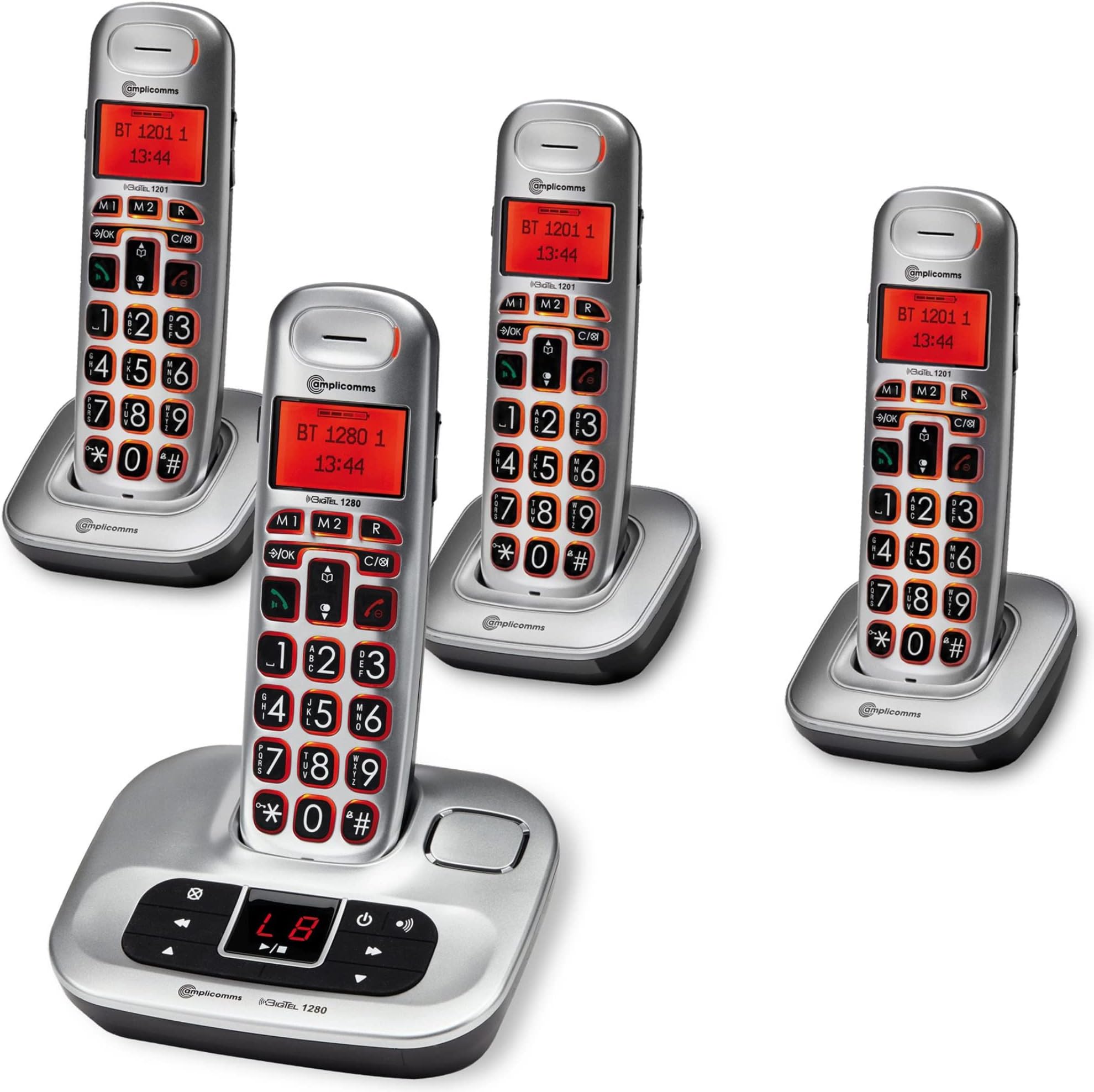 Amplicomms BigTel 1280 Cordless Big Button Phone for Elderly with Answer Machine Plus Three Additional Handsets - Loud Phones for Hard of Hearing - Hearing Aid Compatible Phones