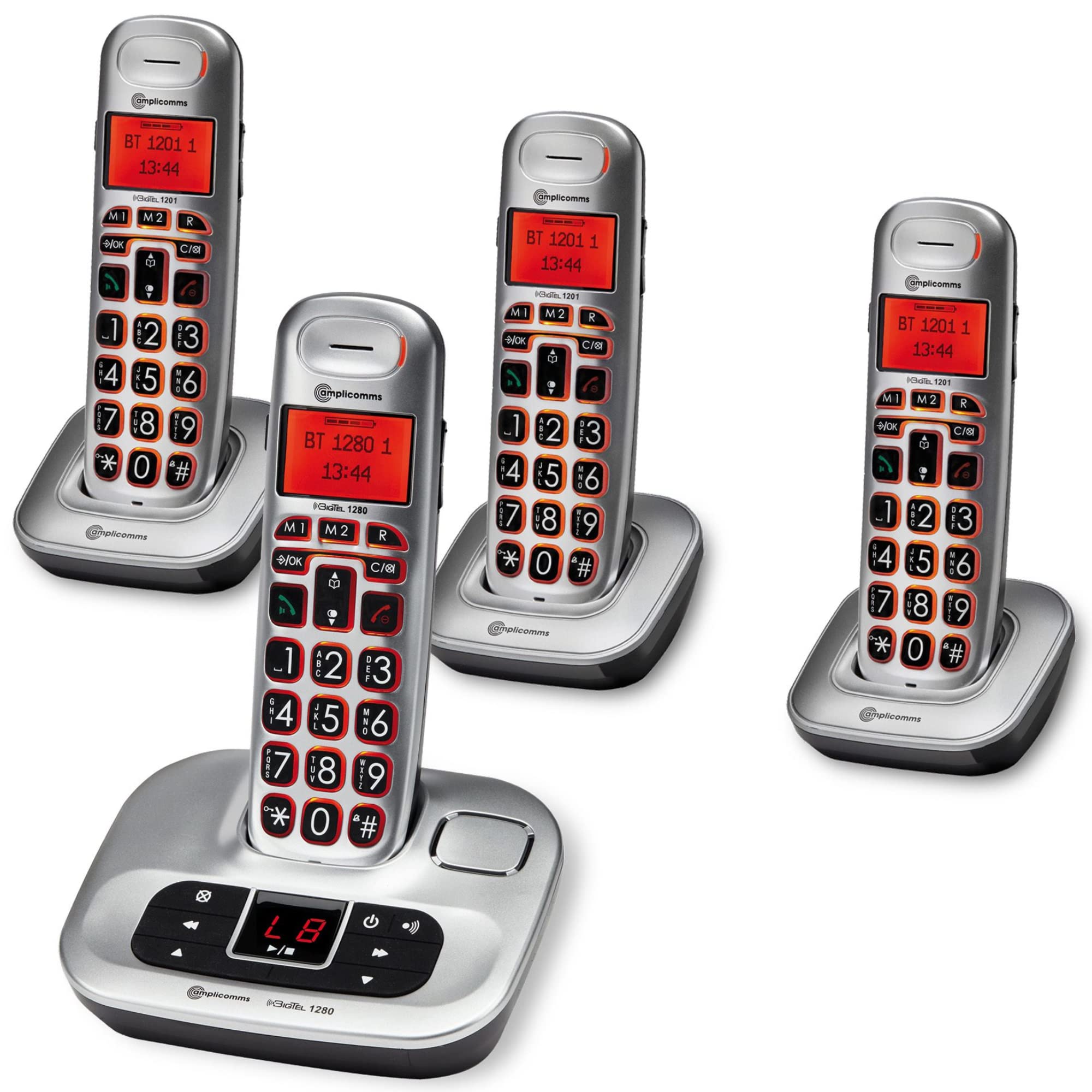 Amplicomms BigTel 1280 Cordless Big Button Phone for Elderly with Answer Machine Plus Three Additional Handsets - Loud Phones for Hard of Hearing - Hearing Aid Compatible Phones