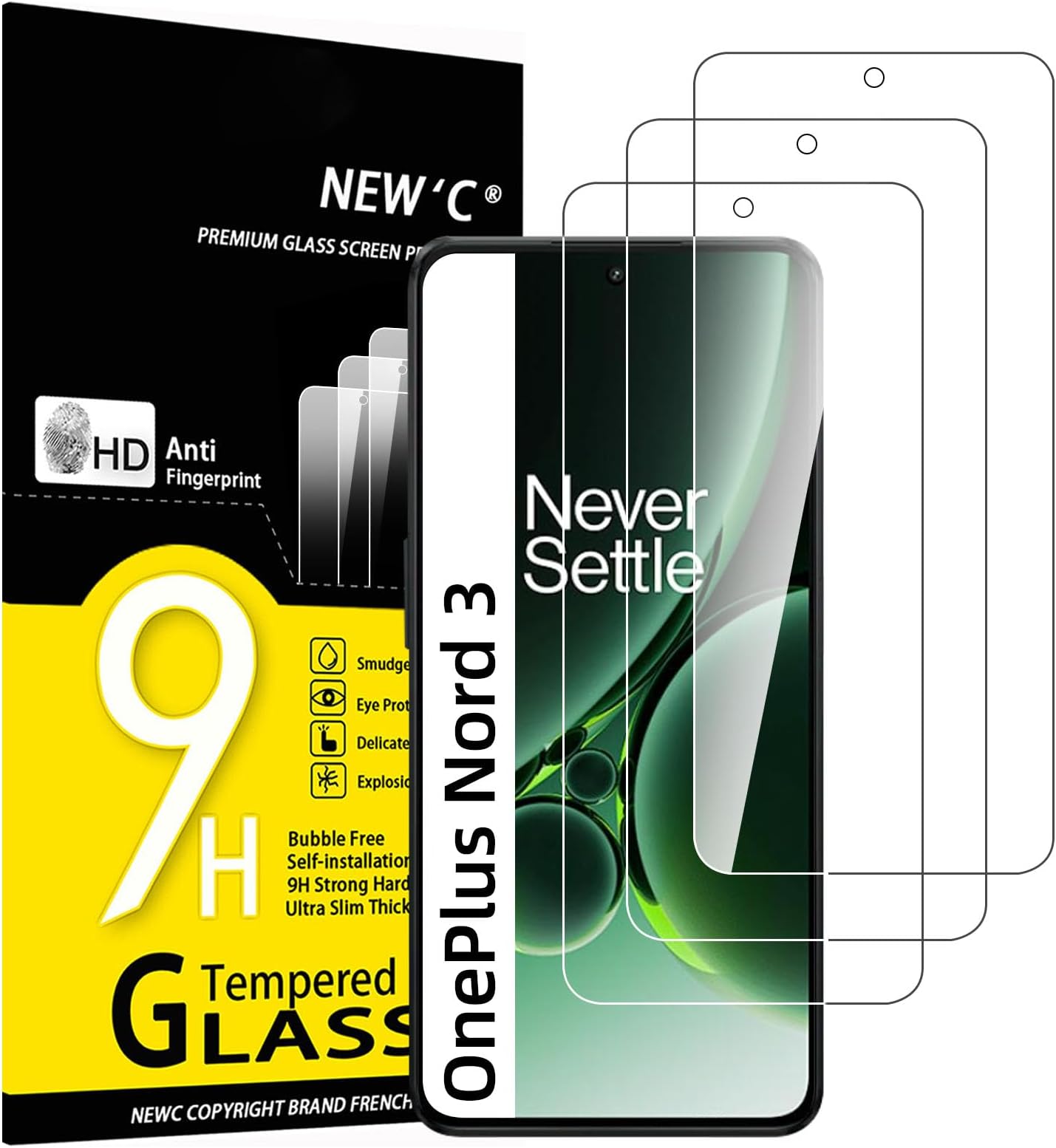 NEW'C Tempered Glass Screen Protector for OnePlus Nord 3 5G, Free from Scratches, 9H Hardness, HD Screen Protector, 0.33 mm Ultra Clear, Ultra Resistant, Pack of 3
