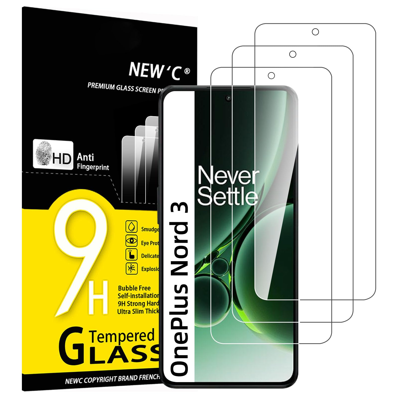 NEW'C Tempered Glass Screen Protector for OnePlus Nord 3 5G, Free from Scratches, 9H Hardness, HD Screen Protector, 0.33 mm Ultra Clear, Ultra Resistant, Pack of 3